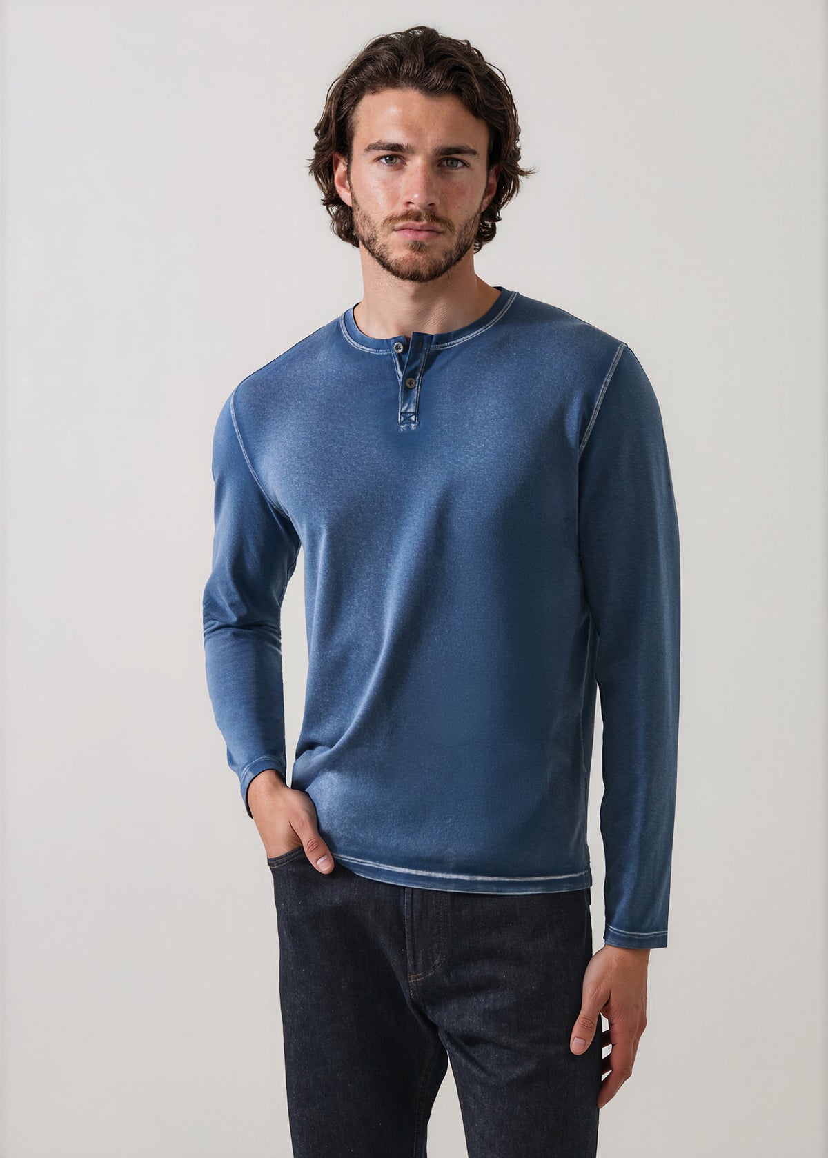 Pima Cotton Stretch Vintage Wash Henley - PATRICK ASSARAF