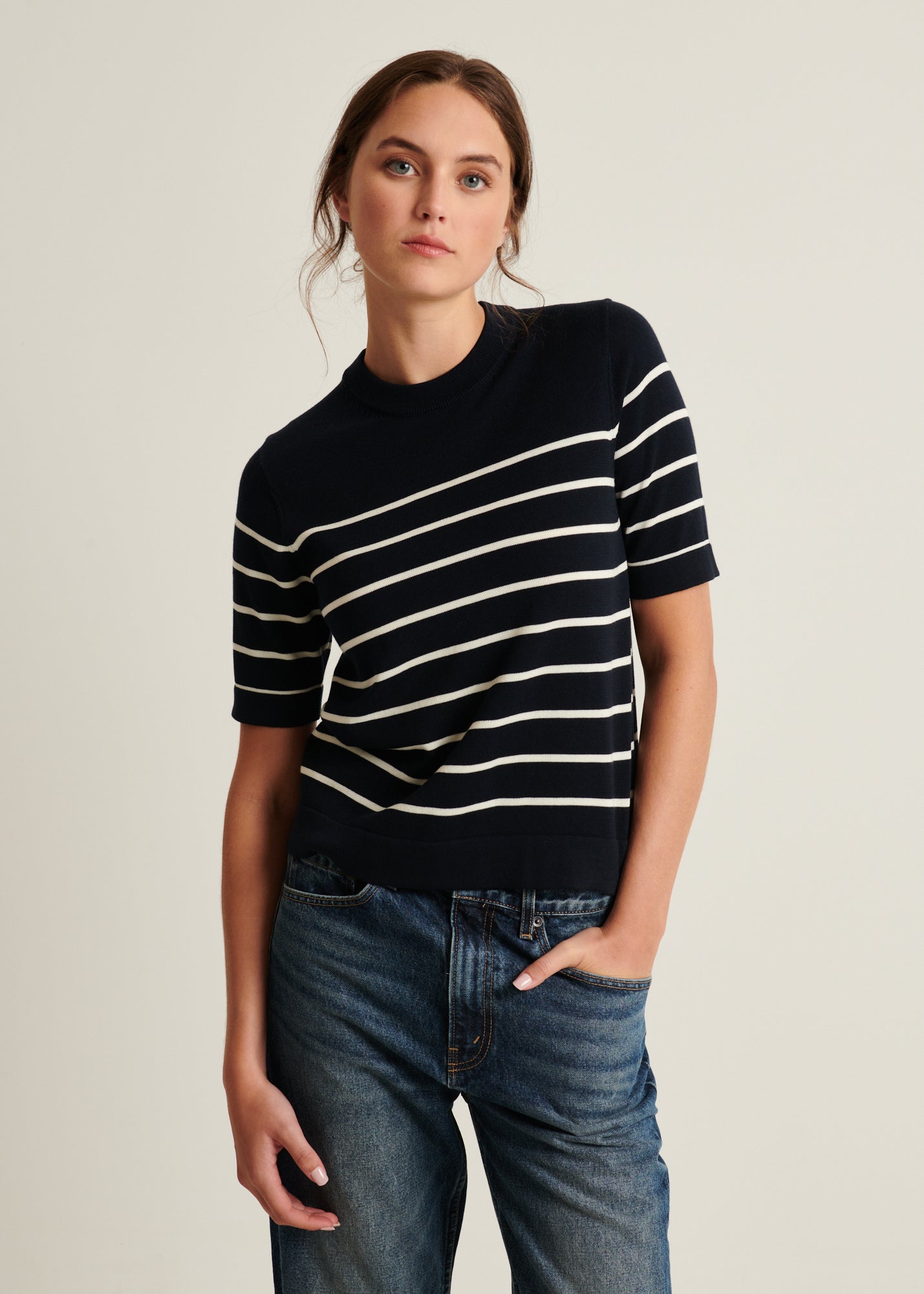 Cotton Cupro Striped Short Sleeve Crewneck