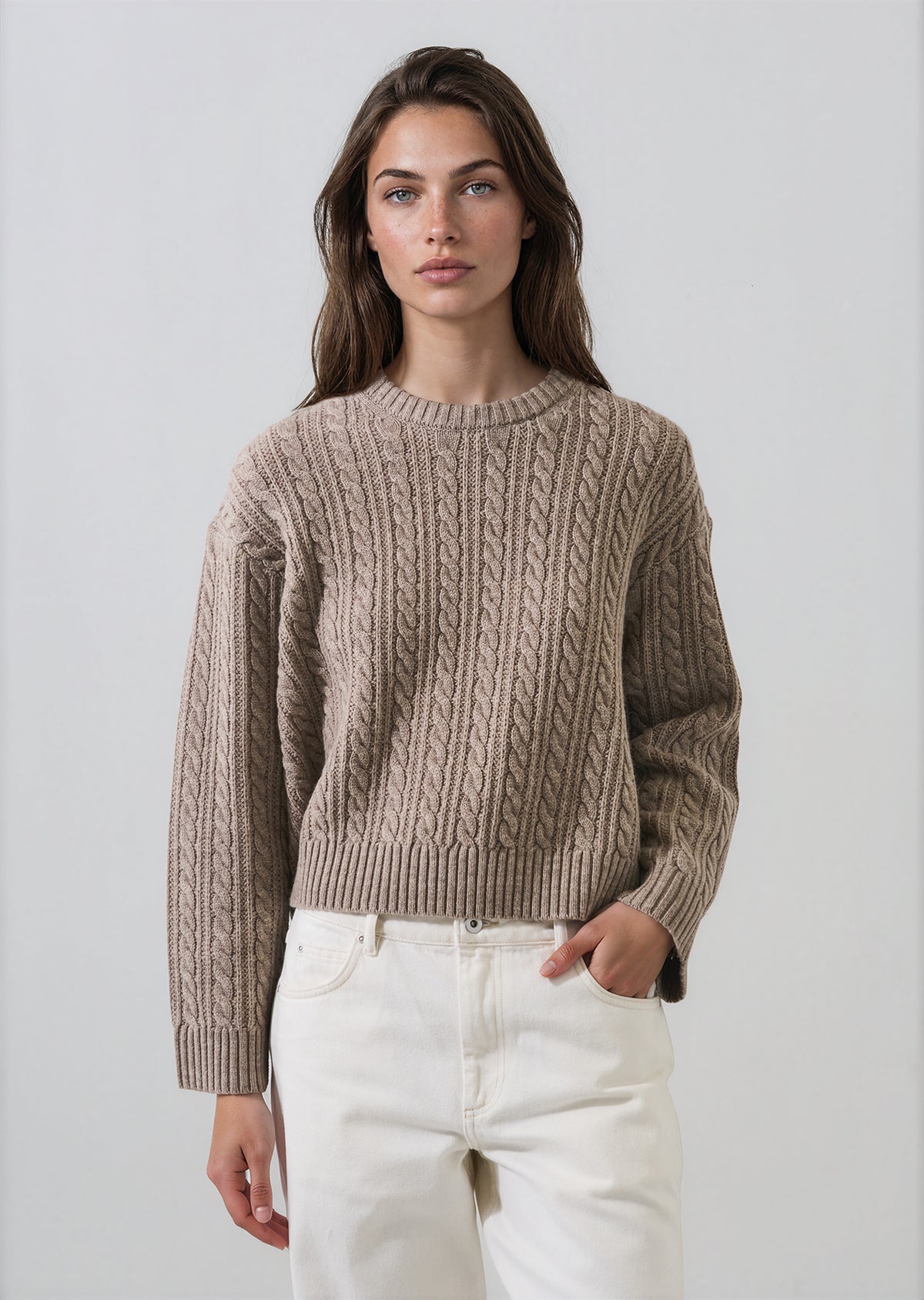Merino Cashmere Cropped Cable Crewneck - PATRICK ASSARAF