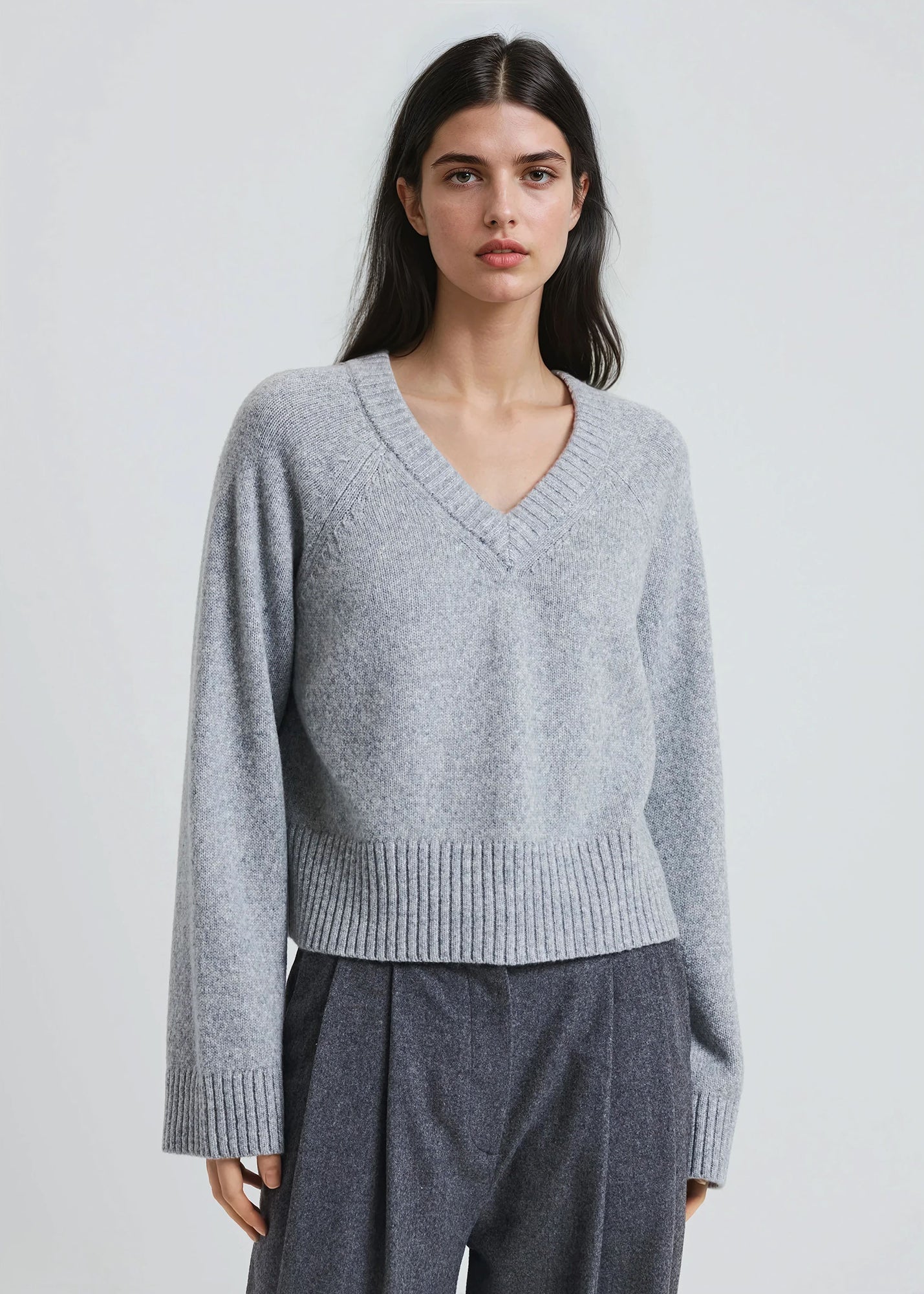 Wool Blend Cropped V-Neck Sweater