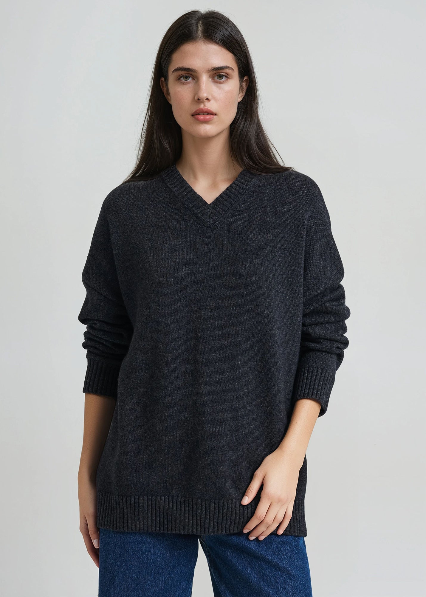 Wool Cashmere Blend Oversized V-Neck