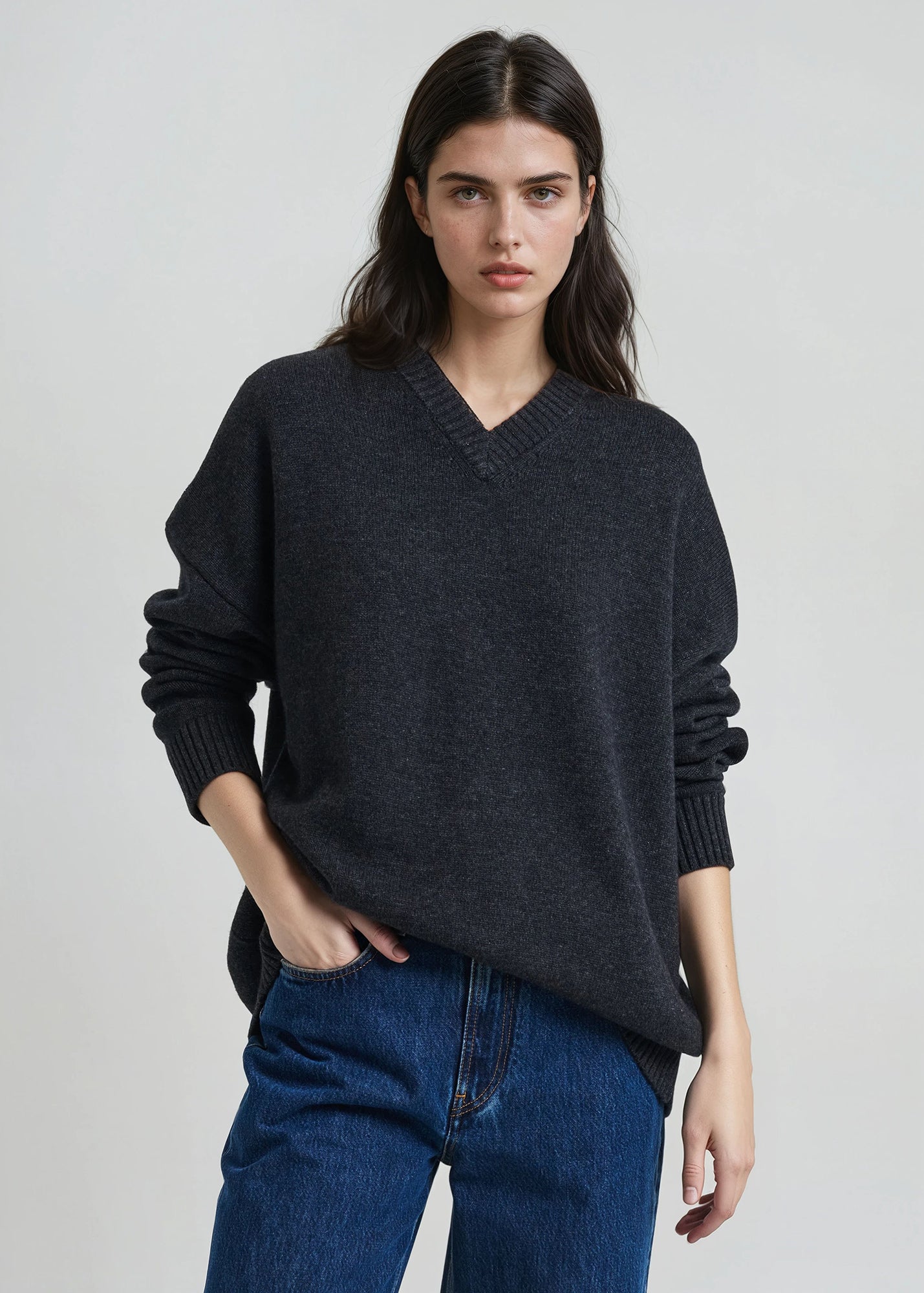 Wool Cashmere Blend Oversized V-Neck