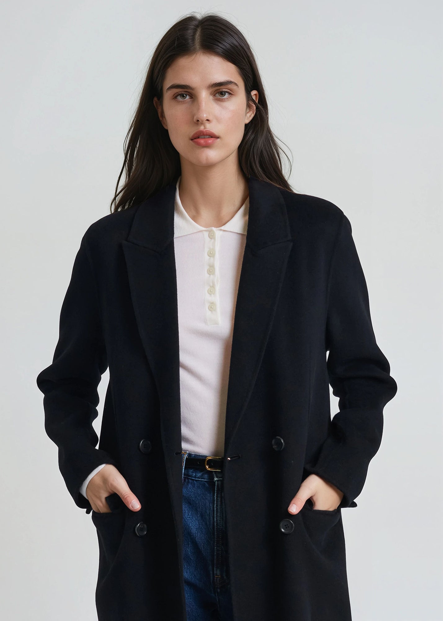 Wool/Cashmere Long Double Breasted Coat