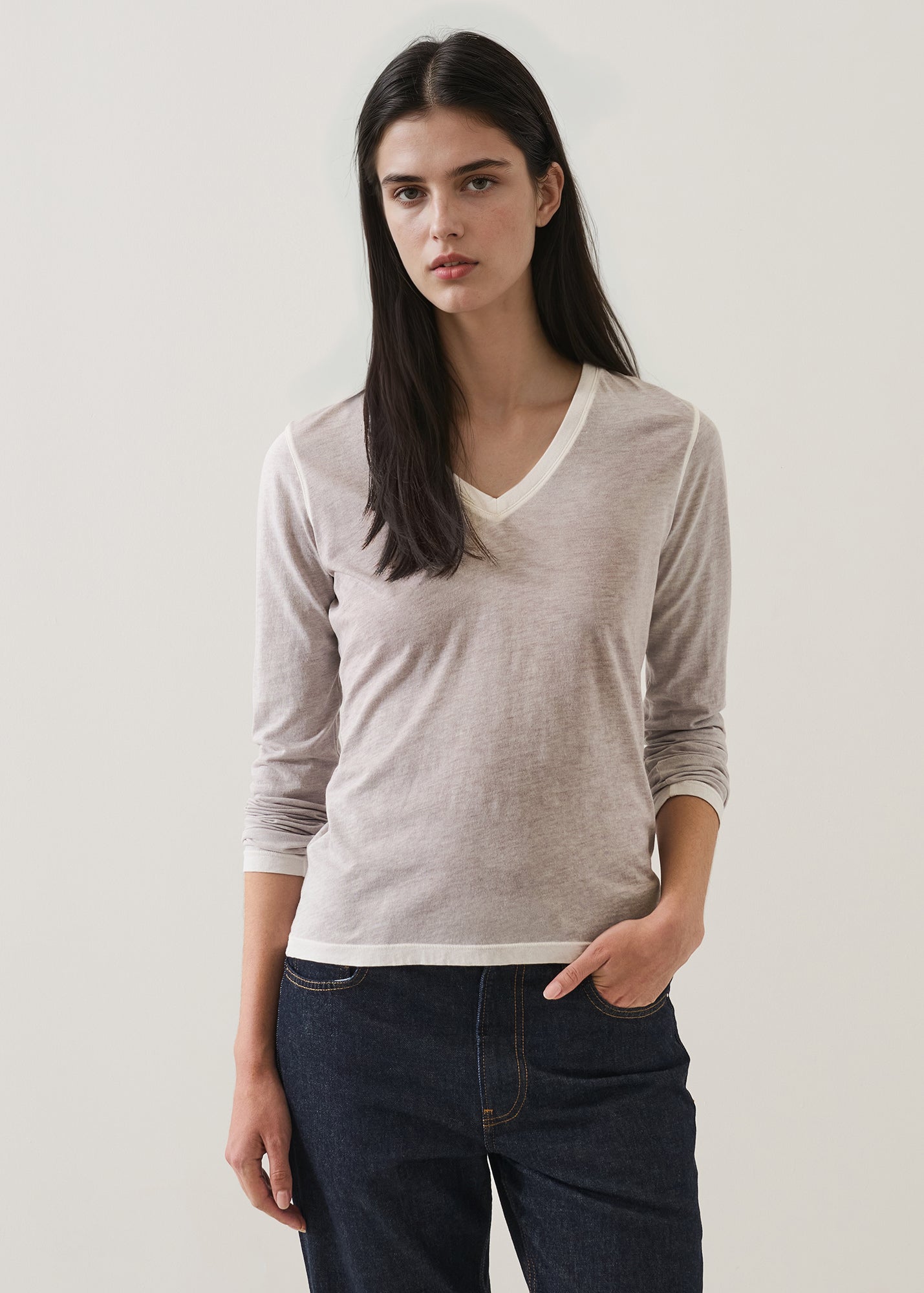 Reverse Spray Lightweight Pima Cotton Long Sleeve V-Neck - PATRICK ASSARAF