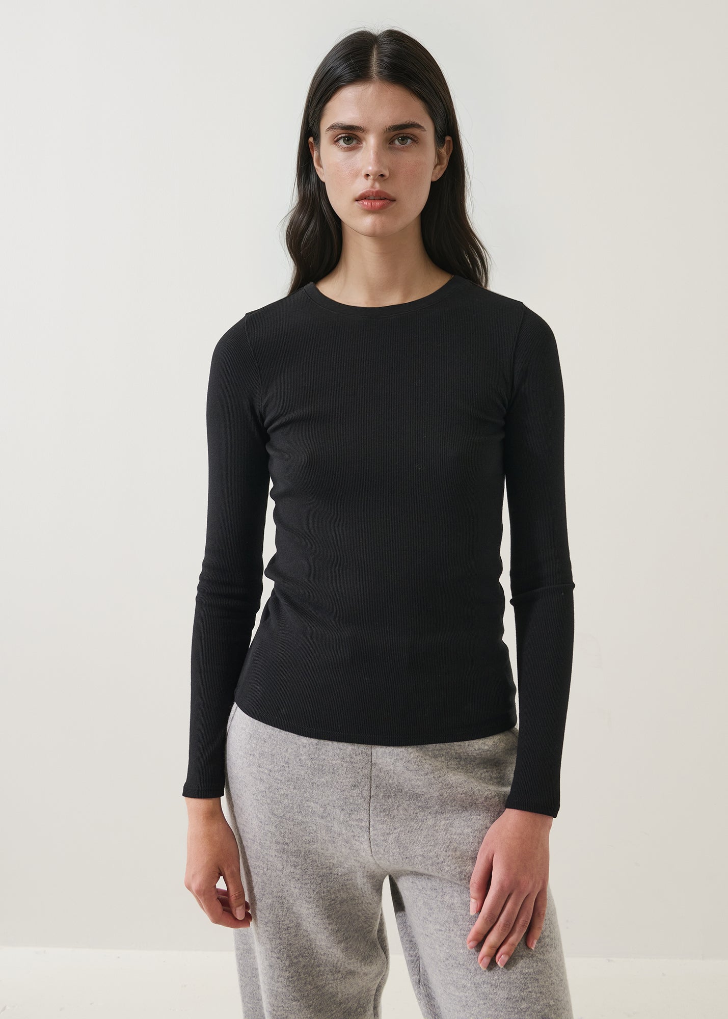 Pima Cotton Stretch Ribbed Long Sleeve Crew Neck T-Shirt