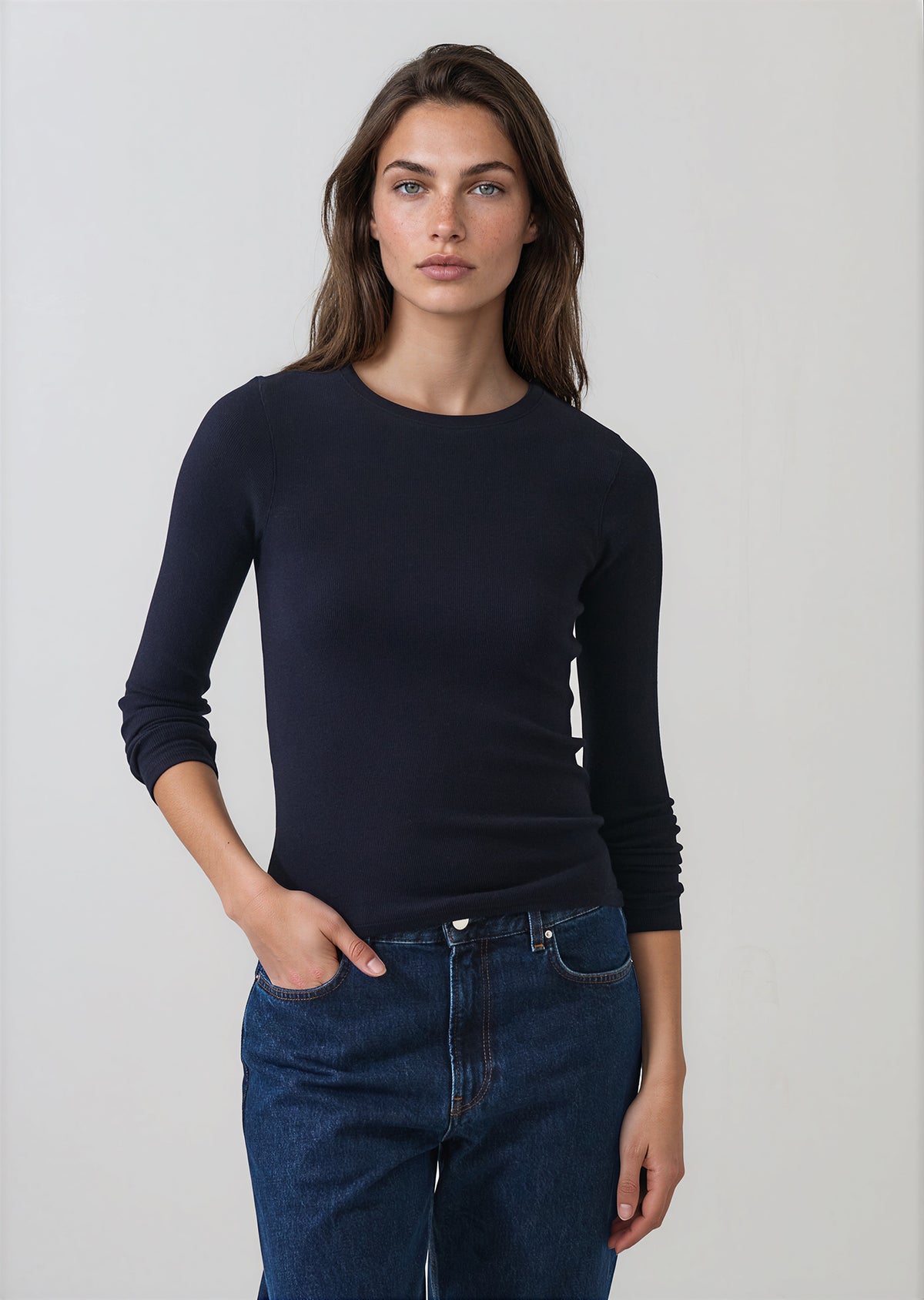 Pima Cotton Stretch Ribbed Long Sleeve Crew Neck T-Shirt - PATRICK ASSARAF