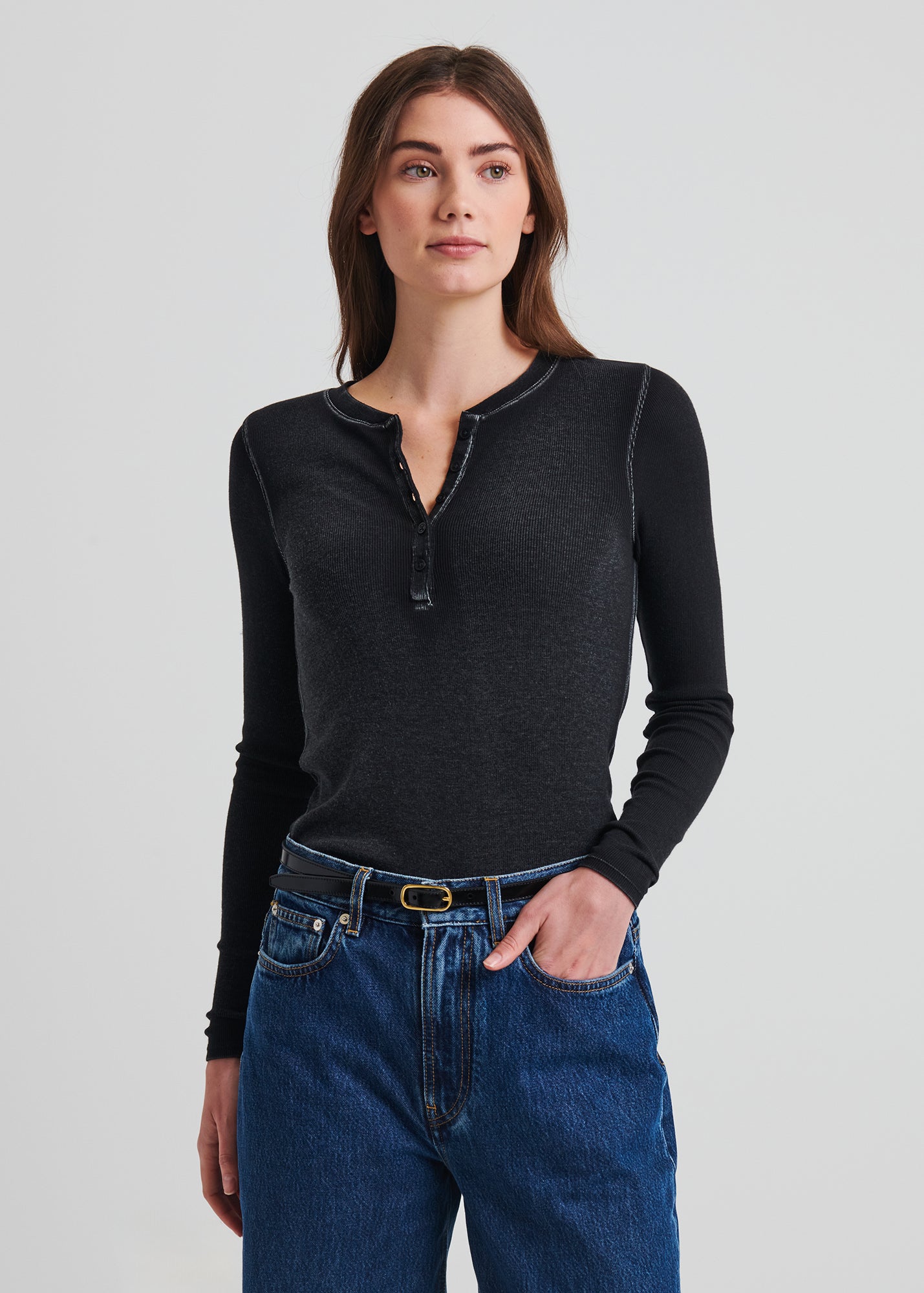 Vintage Wash Pima Cotton Stretch Ribbed Long Sleeve Henley - PATRICK ASSARAF