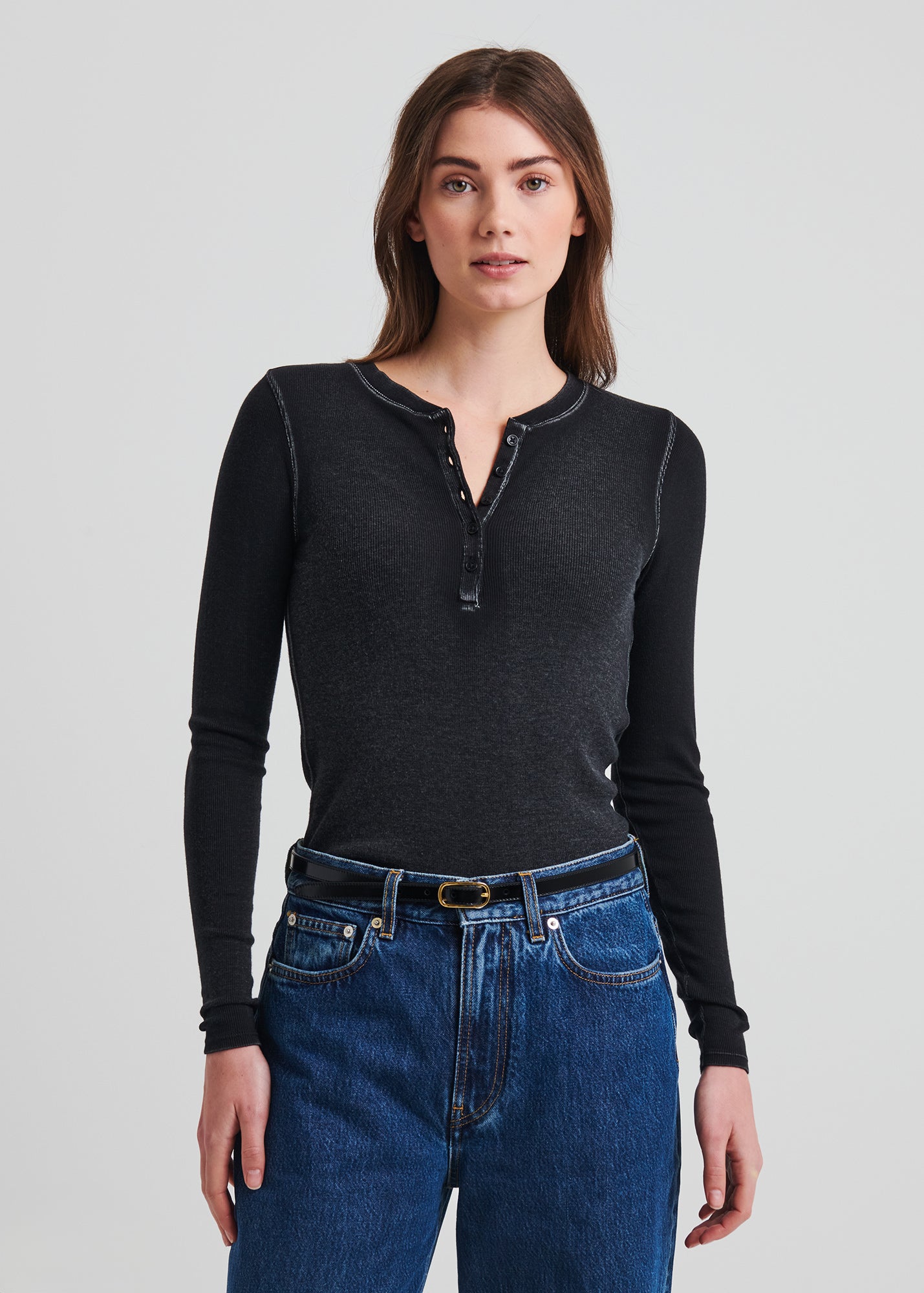 Vintage Wash Pima Cotton Stretch Ribbed Long Sleeve Henley - PATRICK ASSARAF