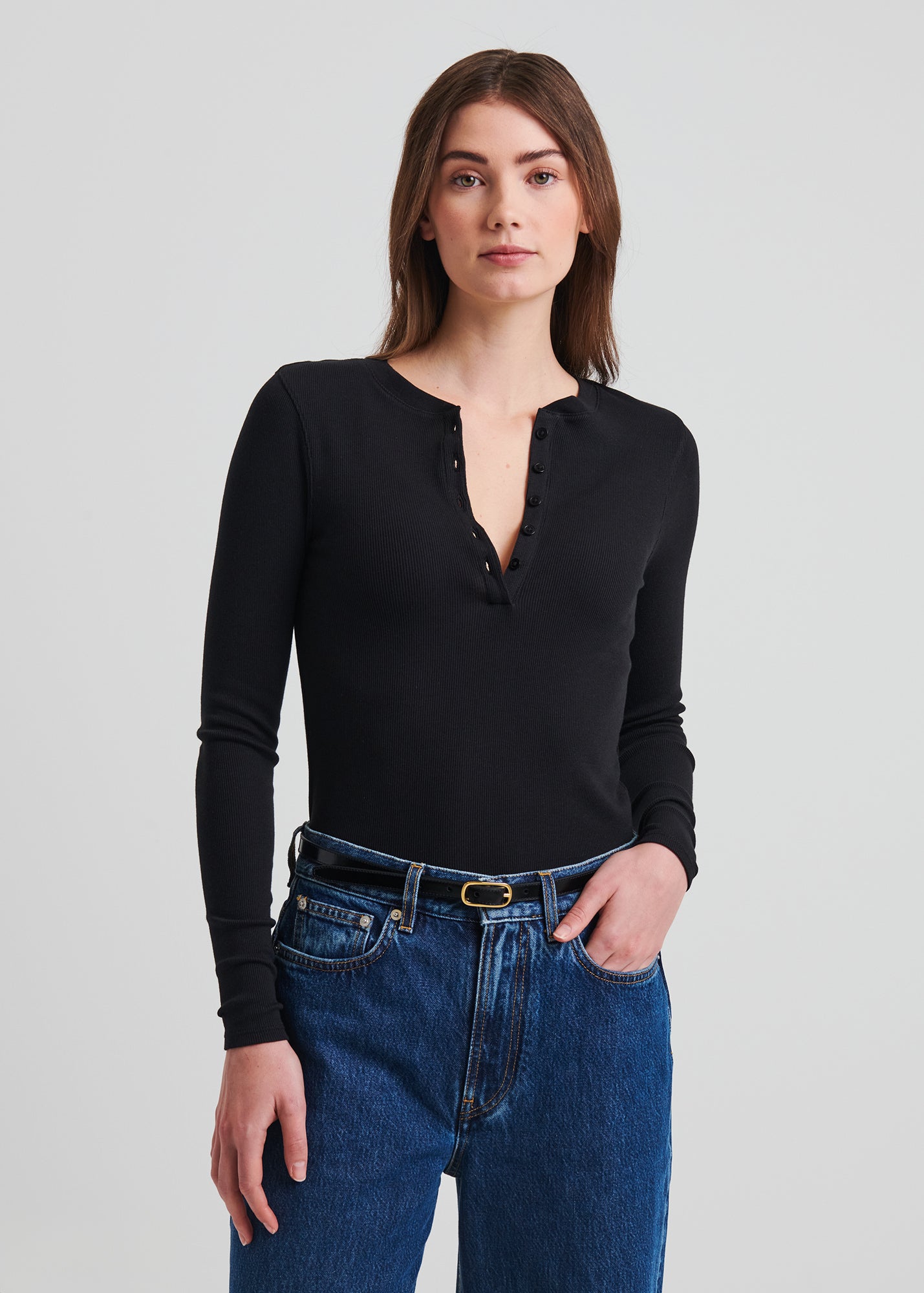 Pima Cotton Stretch Ribbed Long Sleeve Henley - PATRICK ASSARAF