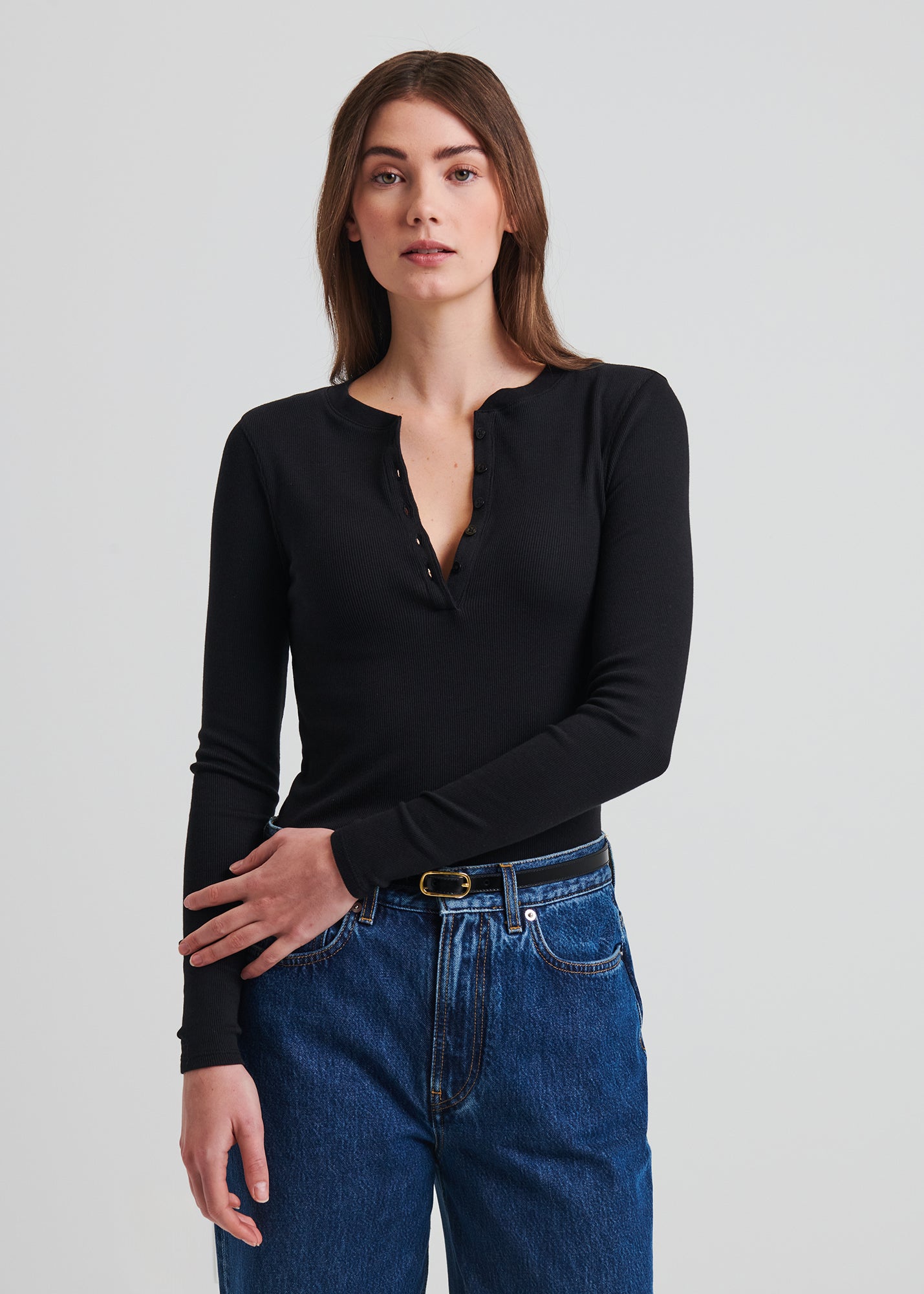 Pima Cotton Stretch Ribbed Long Sleeve Henley - PATRICK ASSARAF