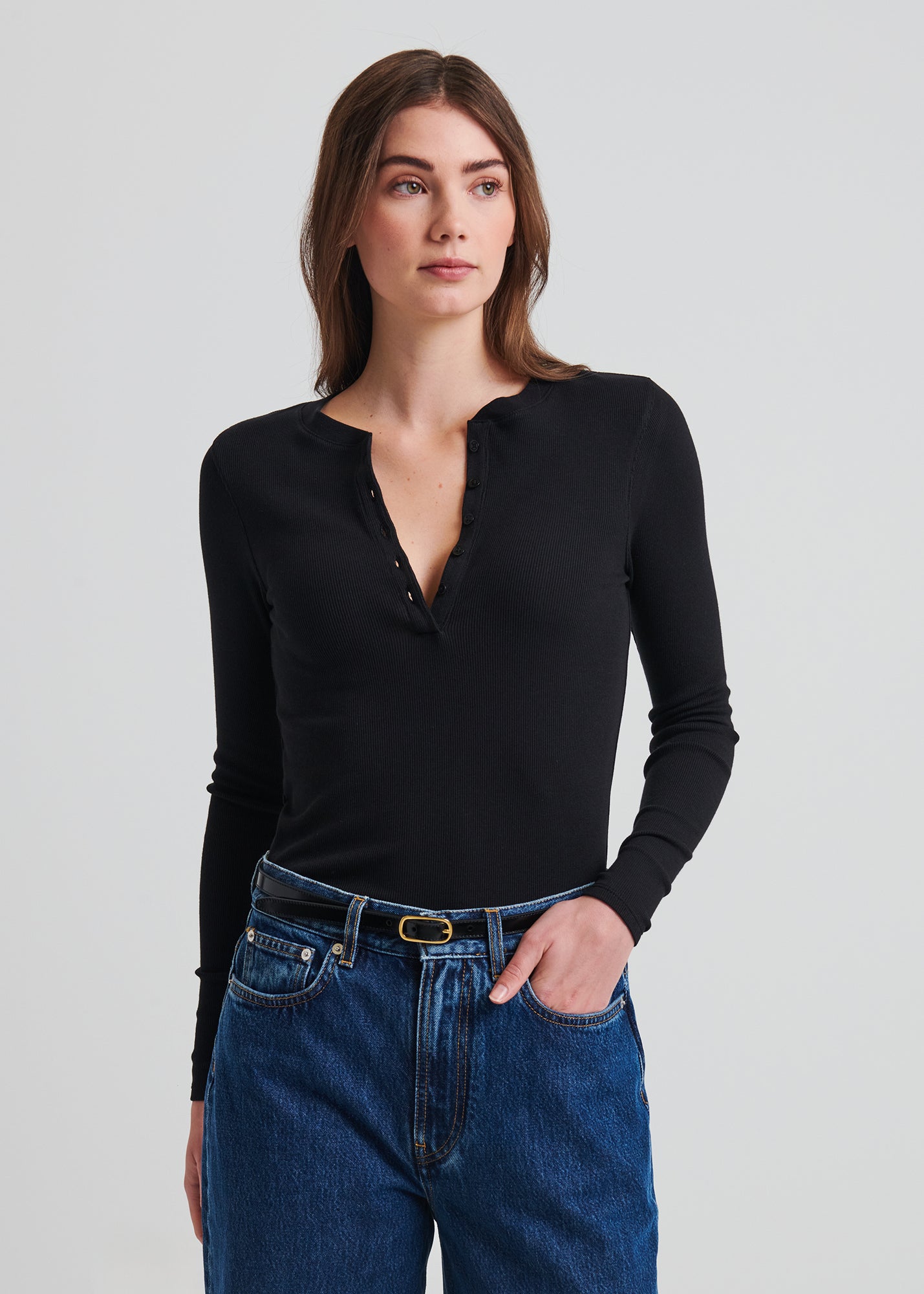 Pima Cotton Stretch Ribbed Long Sleeve Henley - PATRICK ASSARAF