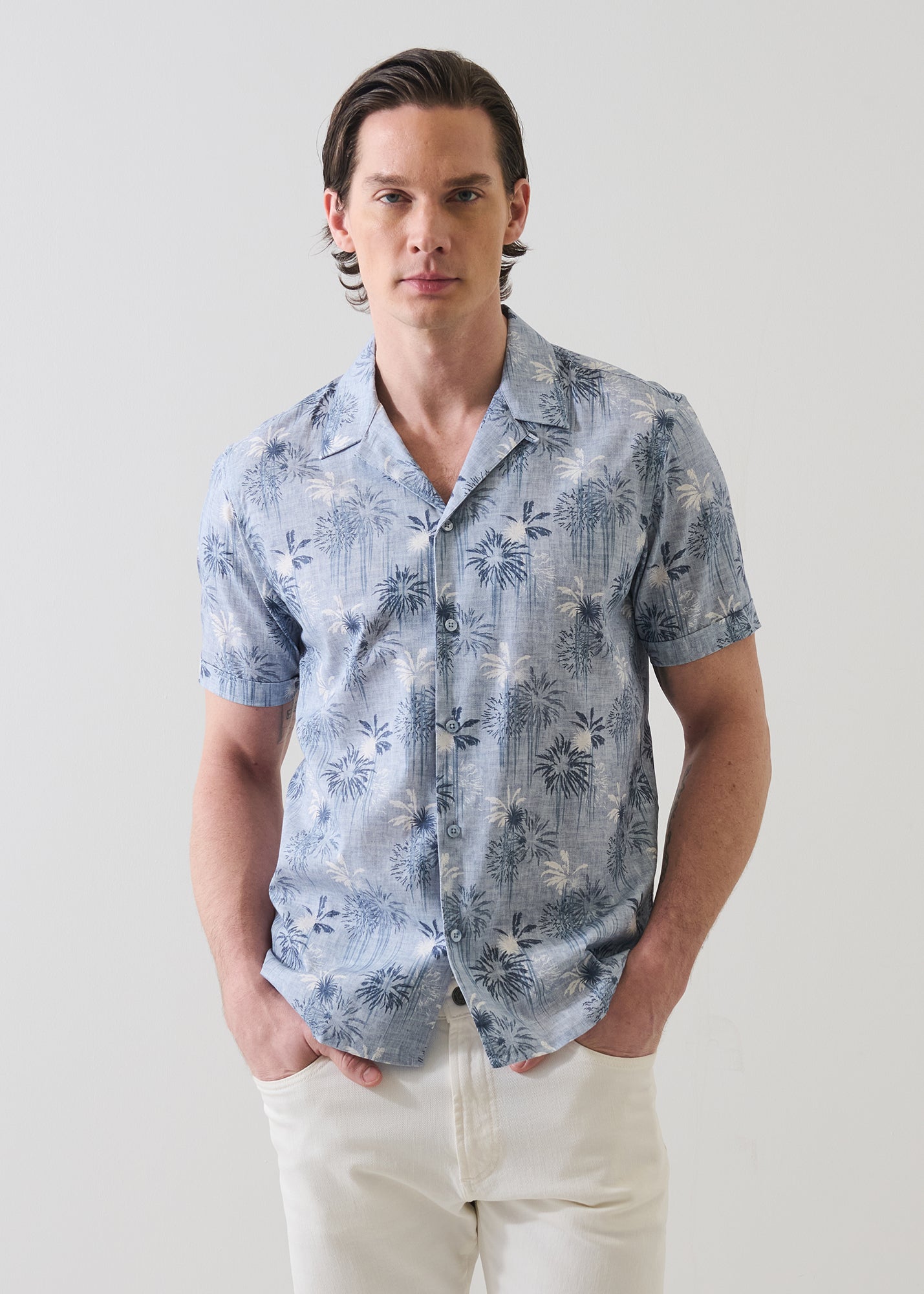 Palm Tree Print Cotton Camp Collar Shirt - PATRICK ASSARAF
