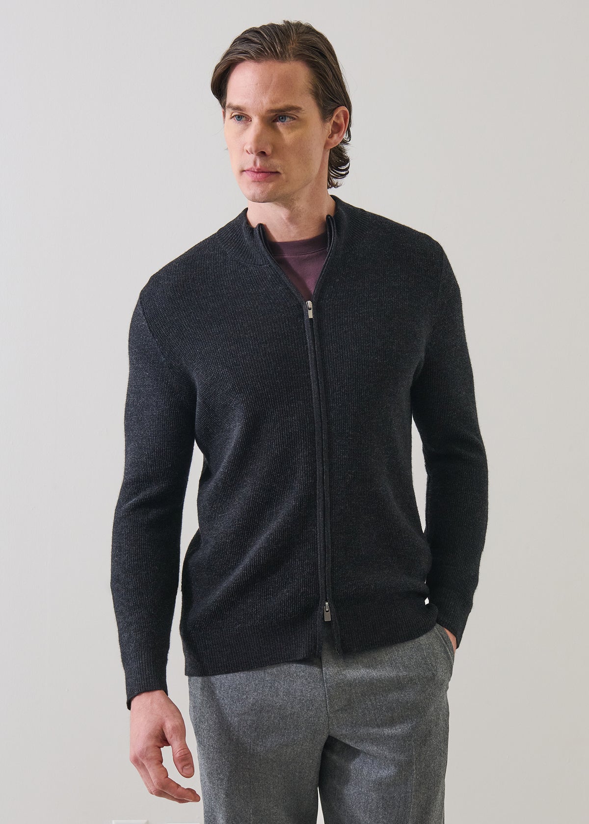 Extra-Fine Merino Wool Textured Rib Full Zip Cardigan - PATRICK ASSARAF