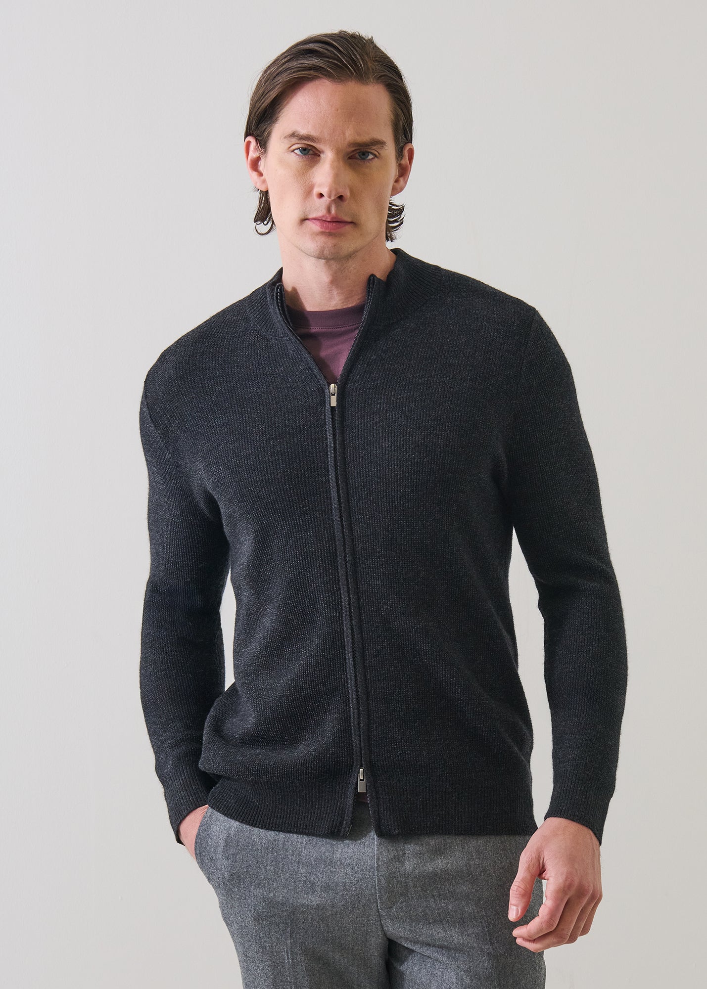 Extra-Fine Merino Wool Textured Rib Full Zip Cardigan - PATRICK ASSARAF