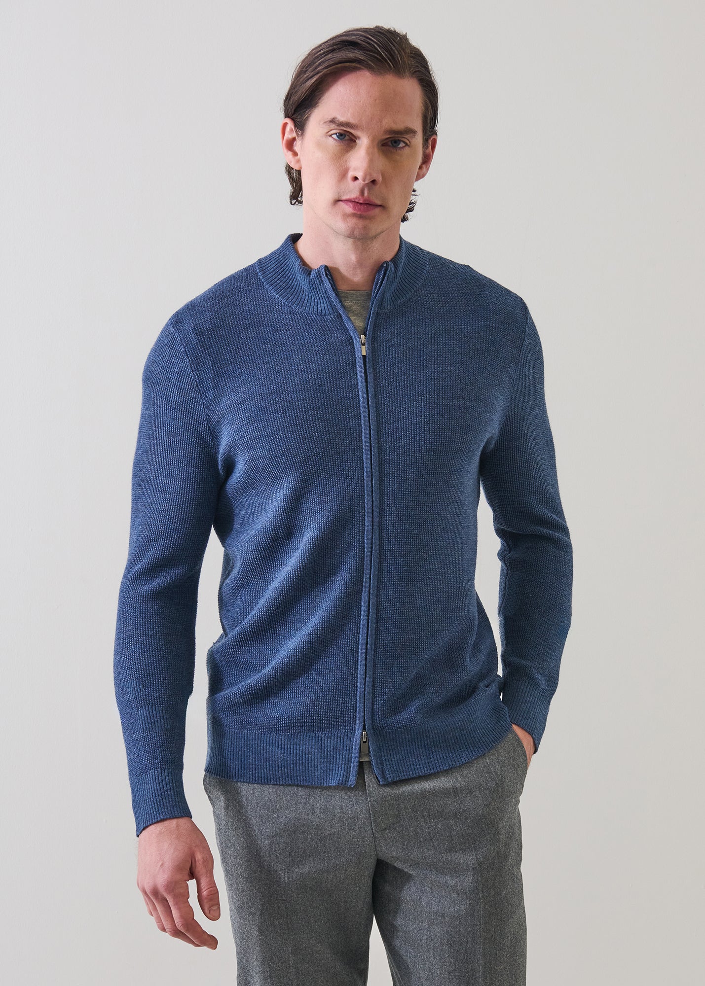Extra-Fine Merino Wool Textured Rib Full Zip Cardigan - PATRICK ASSARAF