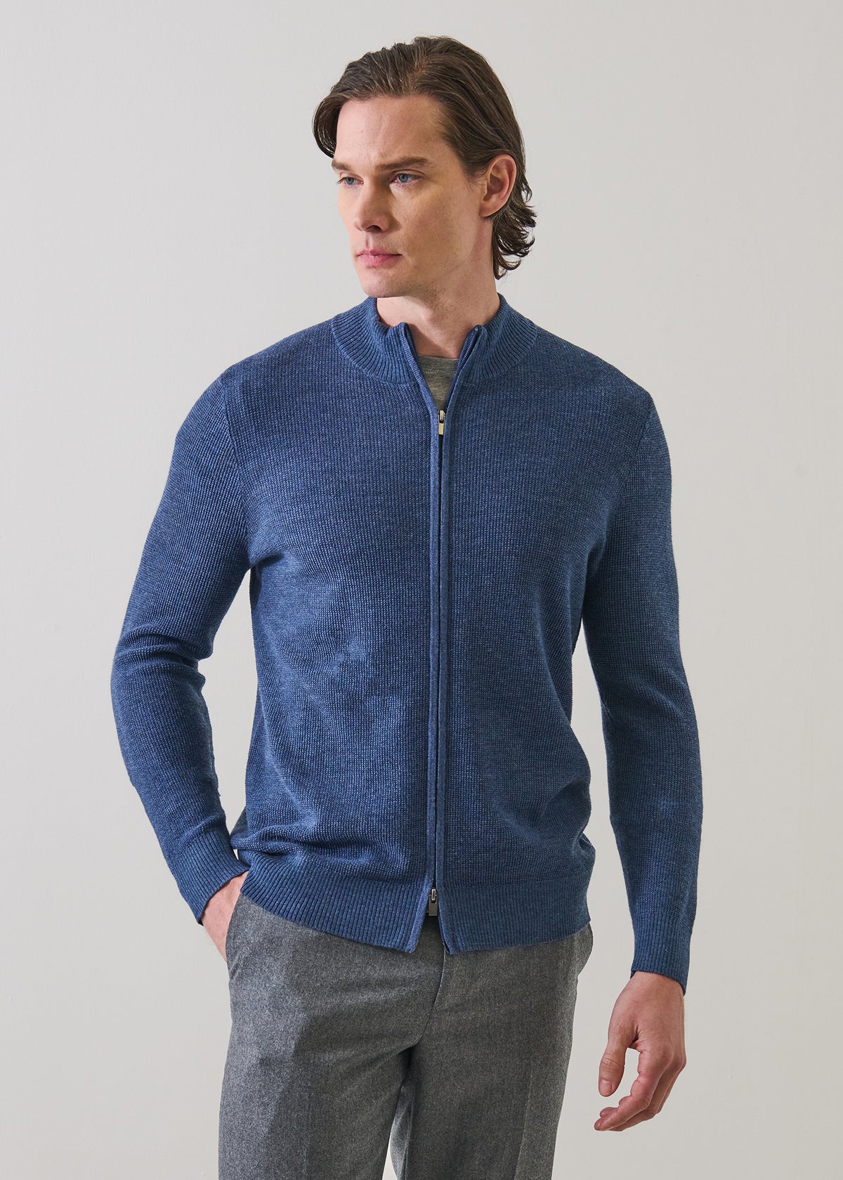 Extra-Fine Merino Wool Textured Rib Full Zip Cardigan - PATRICK ASSARAF