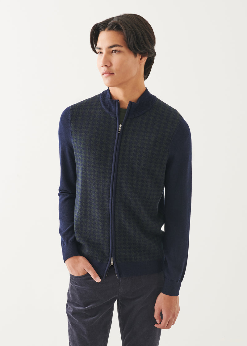 MERINO HOUNDSTOOTH FULL ZIP CARDIGAN