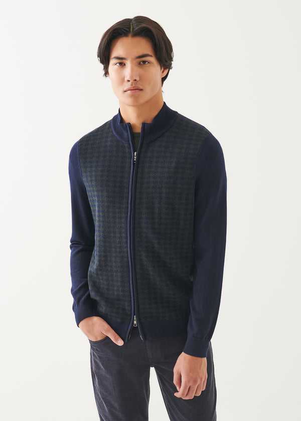 MERINO HOUNDSTOOTH FULL ZIP CARDIGAN