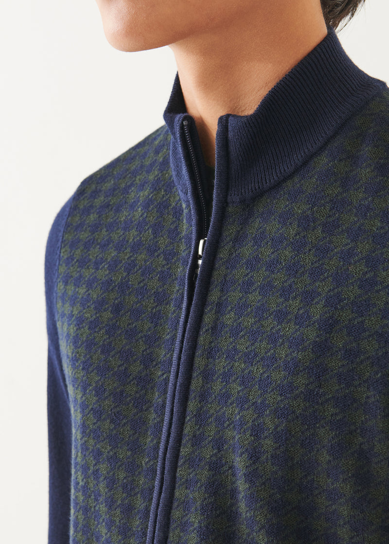 MERINO HOUNDSTOOTH FULL ZIP CARDIGAN