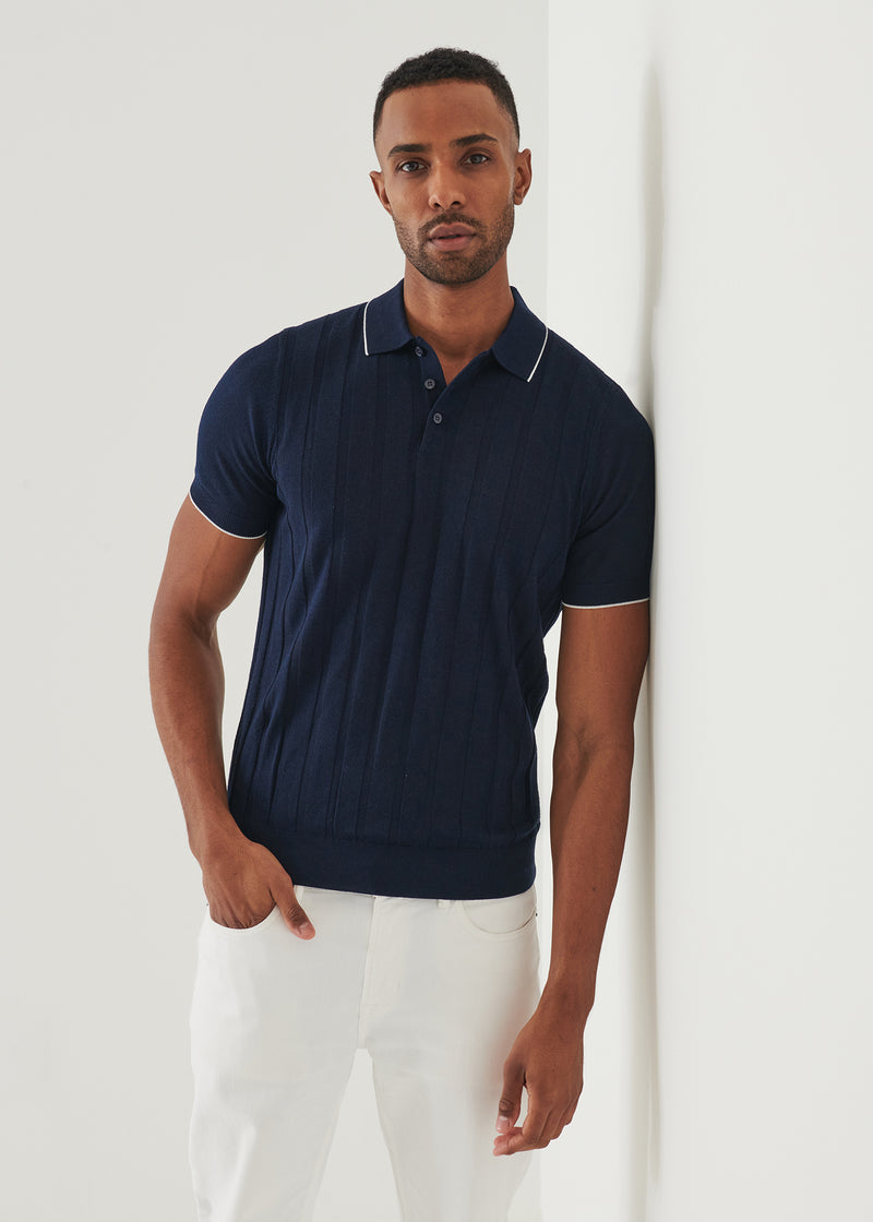 Merino Wool-Silk Blend Drop Needle Polo