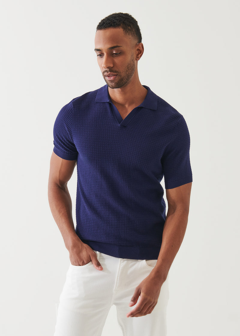 Cotton Cashmere Blend Textured Open Polo