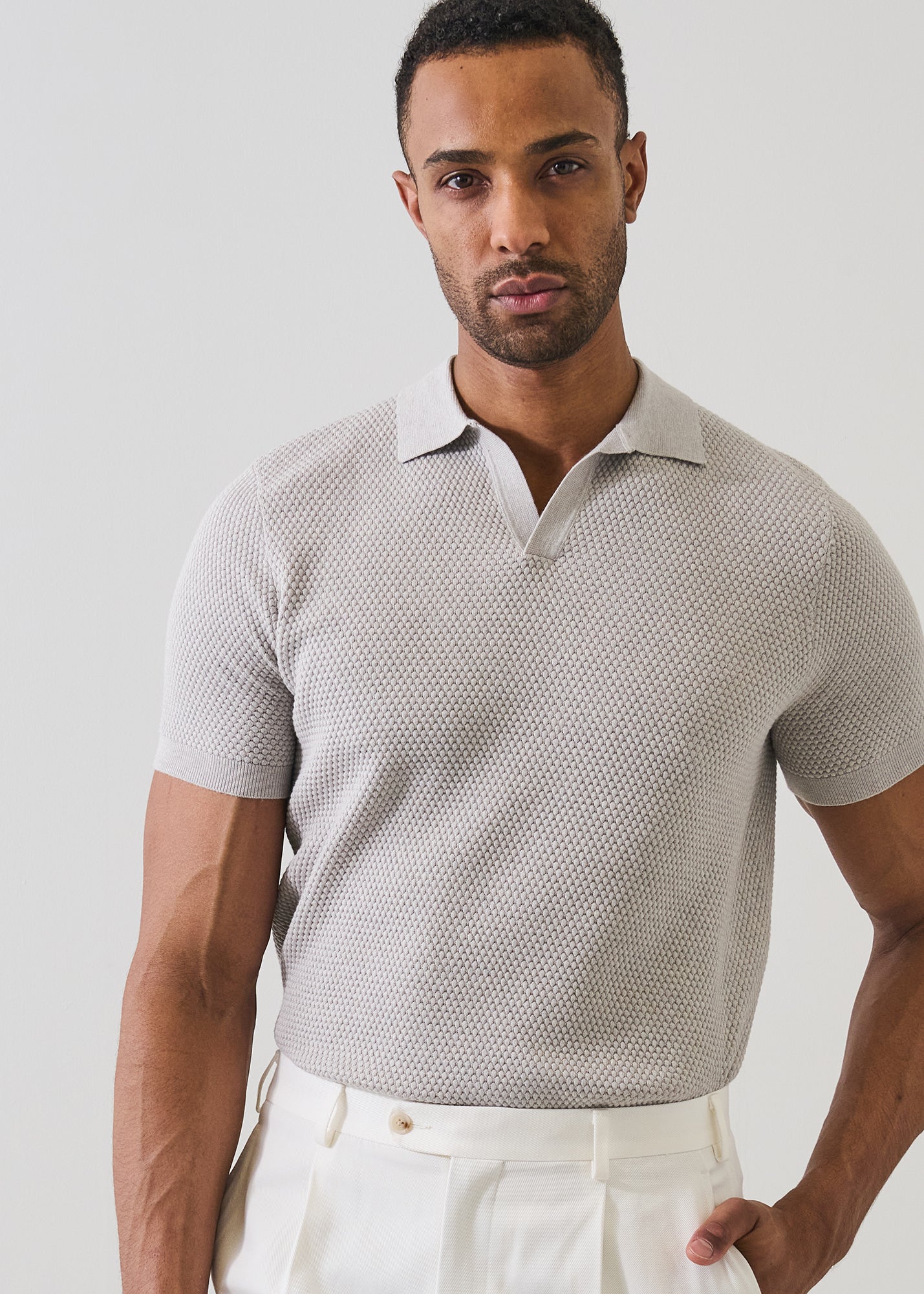 Cotton-Blend Bubble Stitch Knit Open Polo - PATRICK ASSARAF