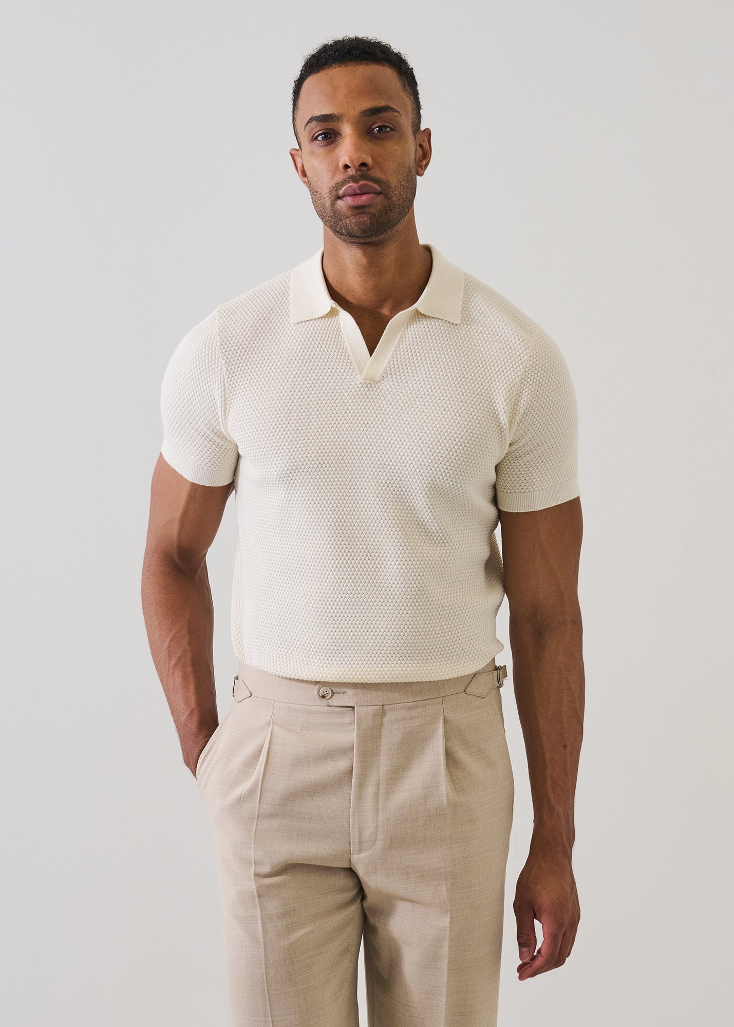 Cotton-Blend Bubble Stitch Knit Open Polo - PATRICK ASSARAF