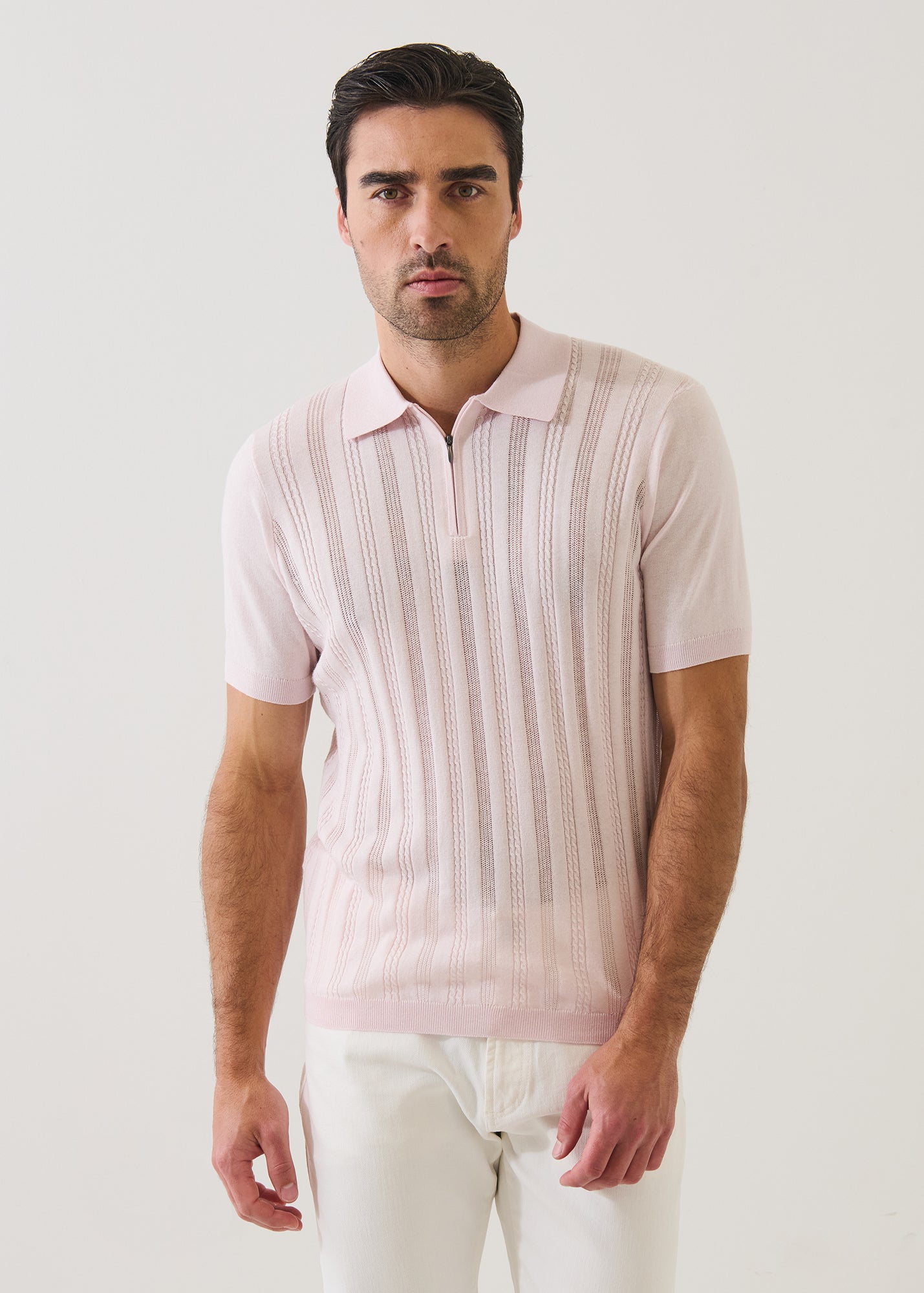 Cotton Blend Pointelle Stripe Zip Polo
