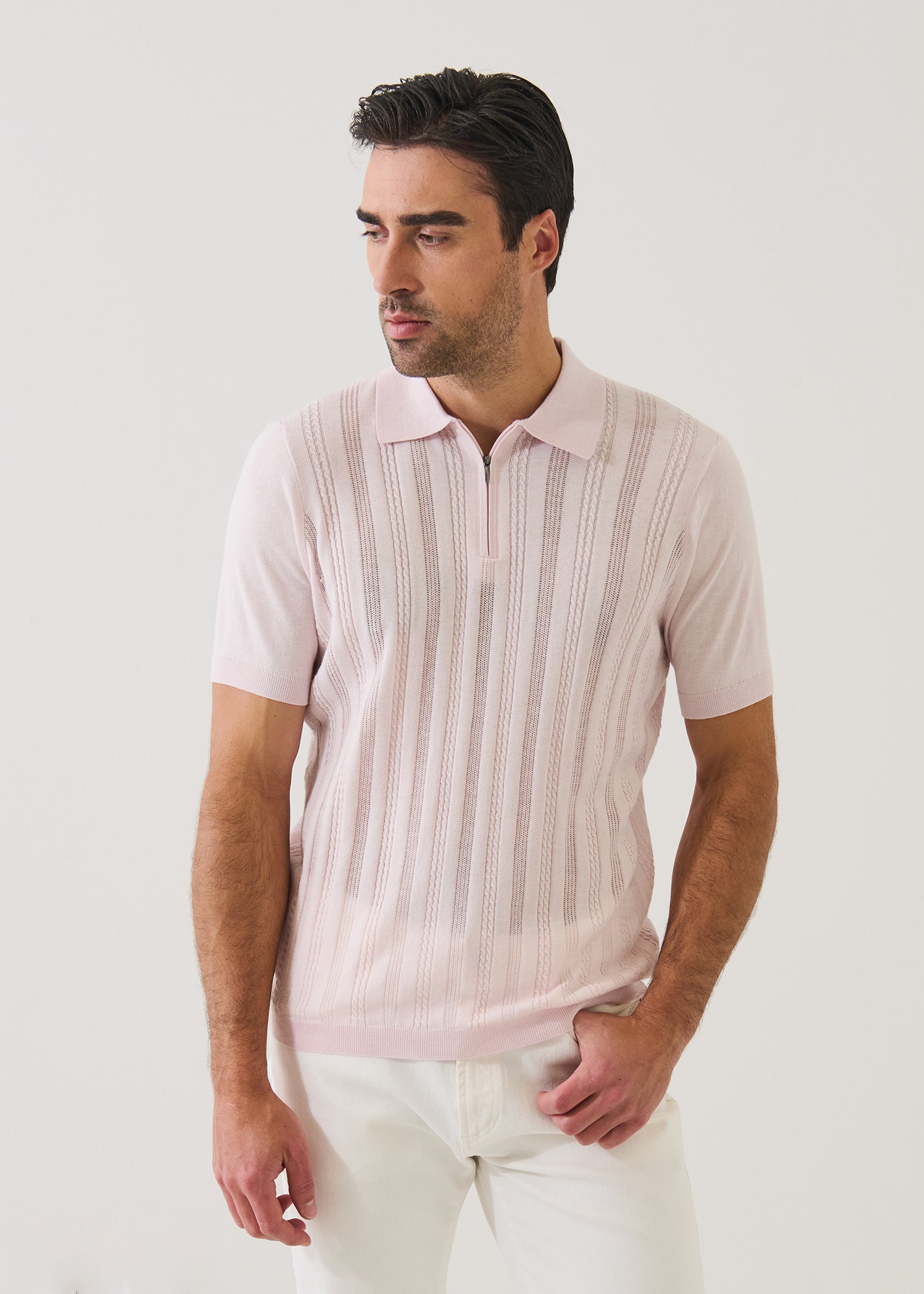Cotton Blend Pointelle Stripe Zip Polo