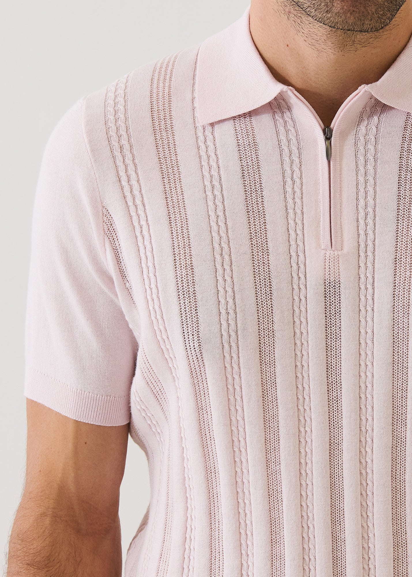 Cotton Blend Pointelle Stripe Zip Polo