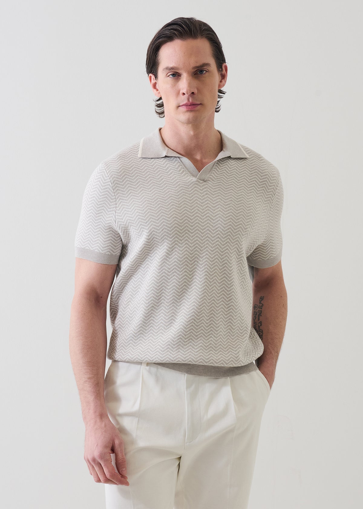 Cotton-Blend Herringbone Knit Open Polo - PATRICK ASSARAF