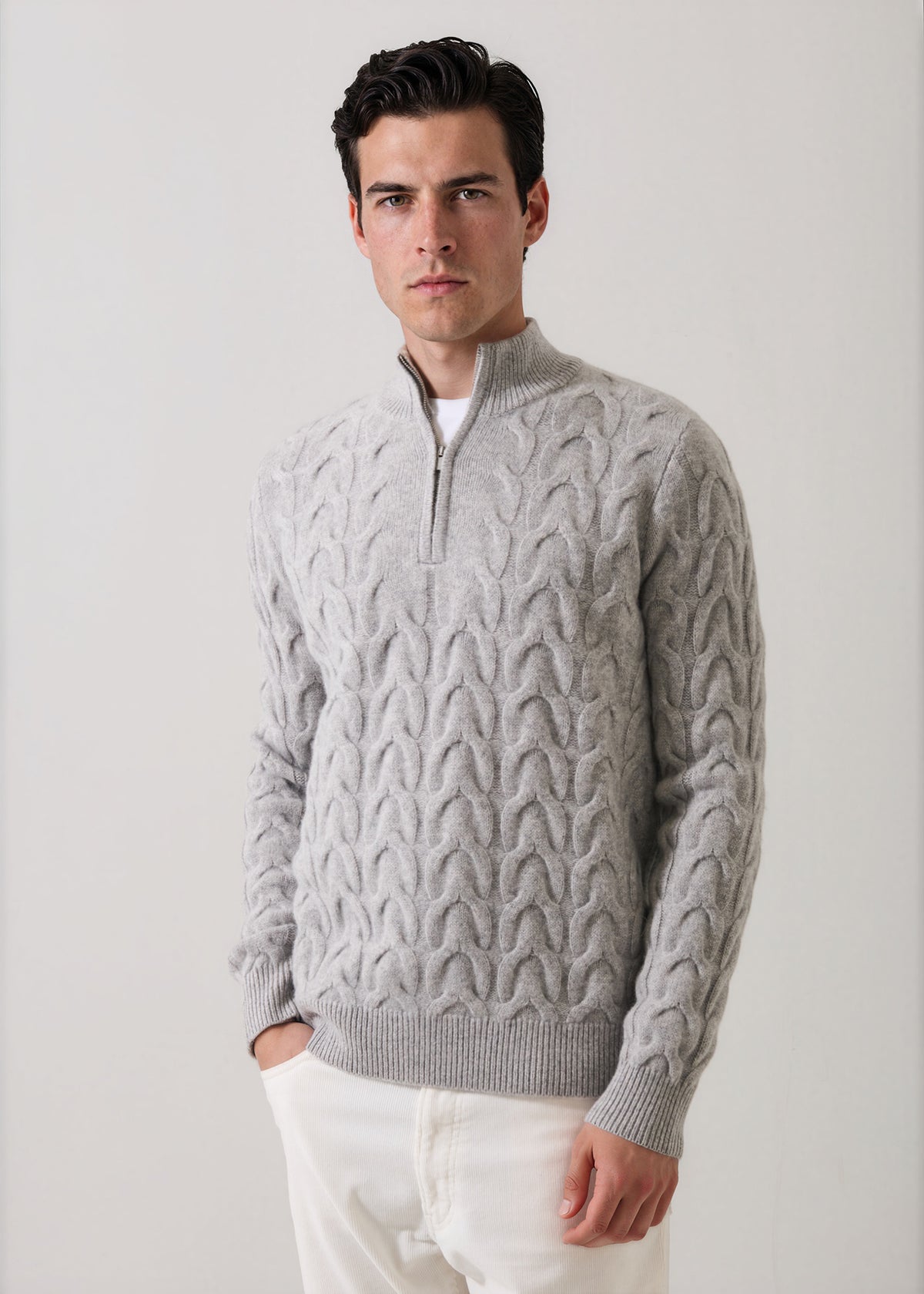 Merino-Cashmere Cable Quarter Zip Mock - PATRICK ASSARAF