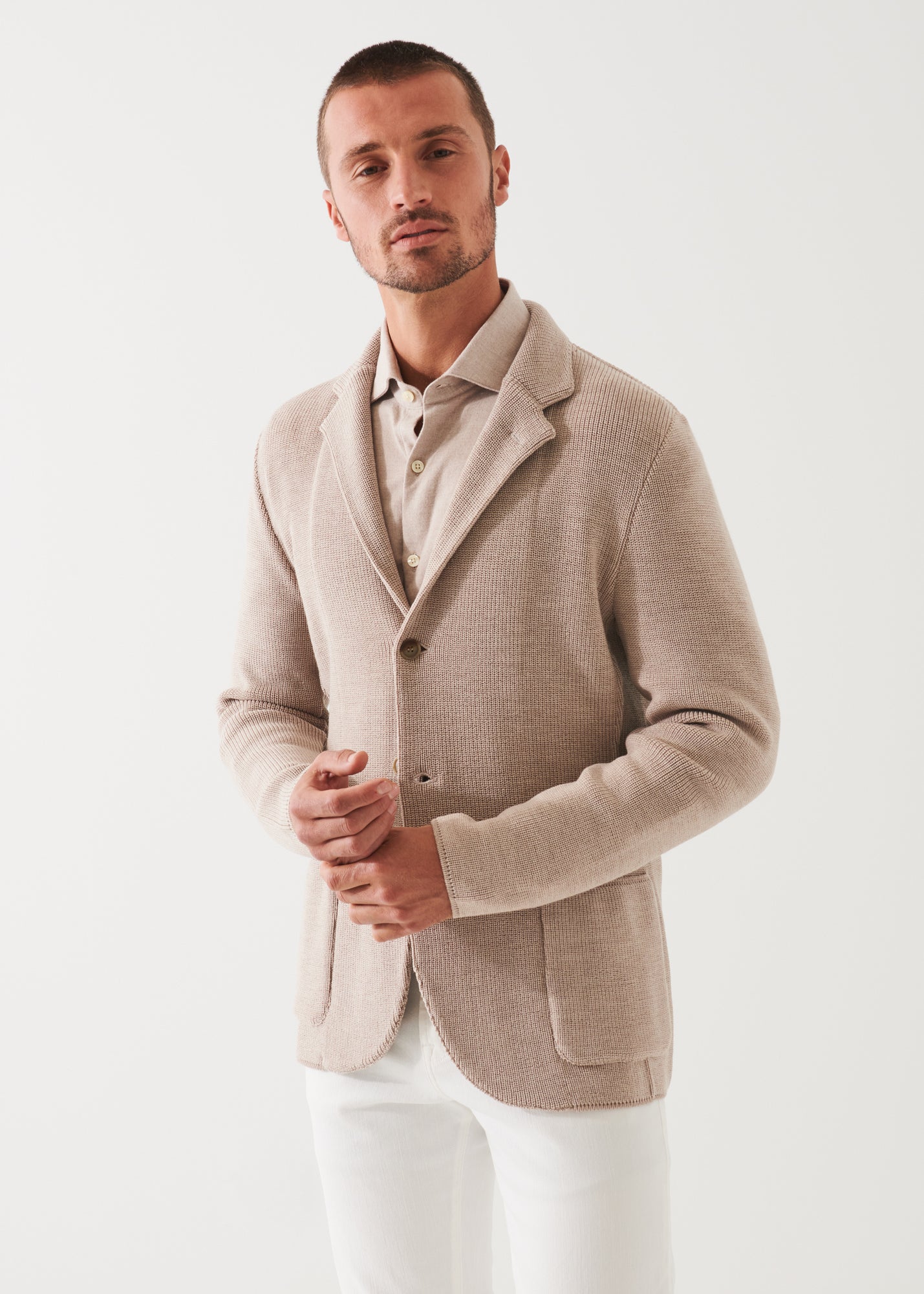 Cardigan Stitch Merino Wool 3- Button Blazer