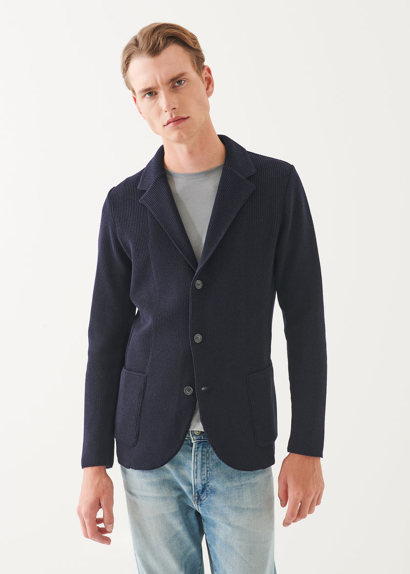 Cardigan Stitch Merino Wool 3-Button Blazer