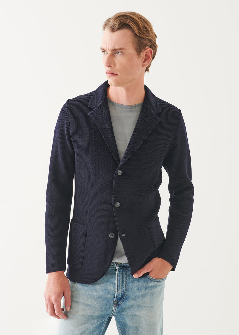 Cardigan Stitch Merino Wool 3-Button Blazer