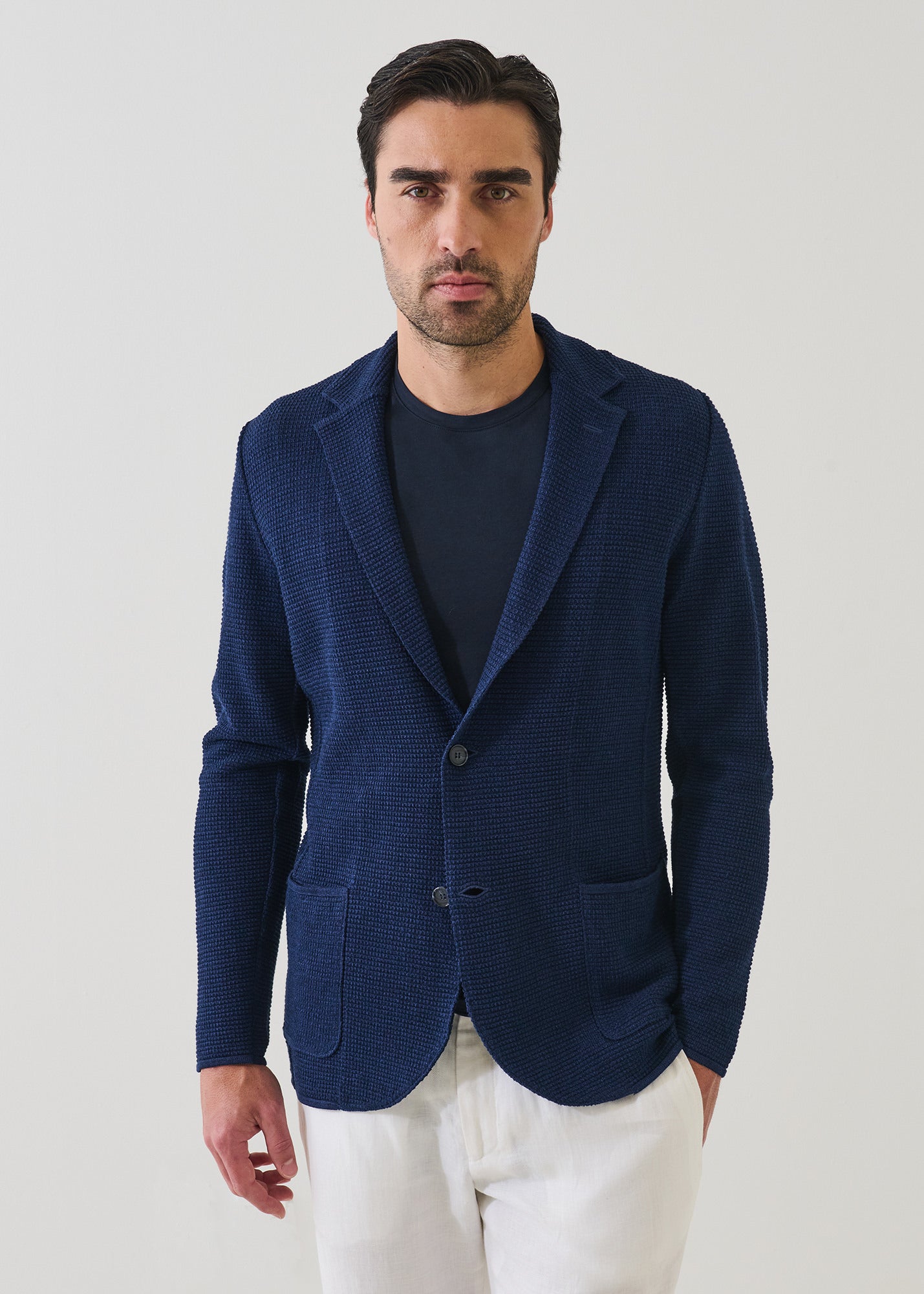 Linen-Cotton Mini-Grid Knit Blazer