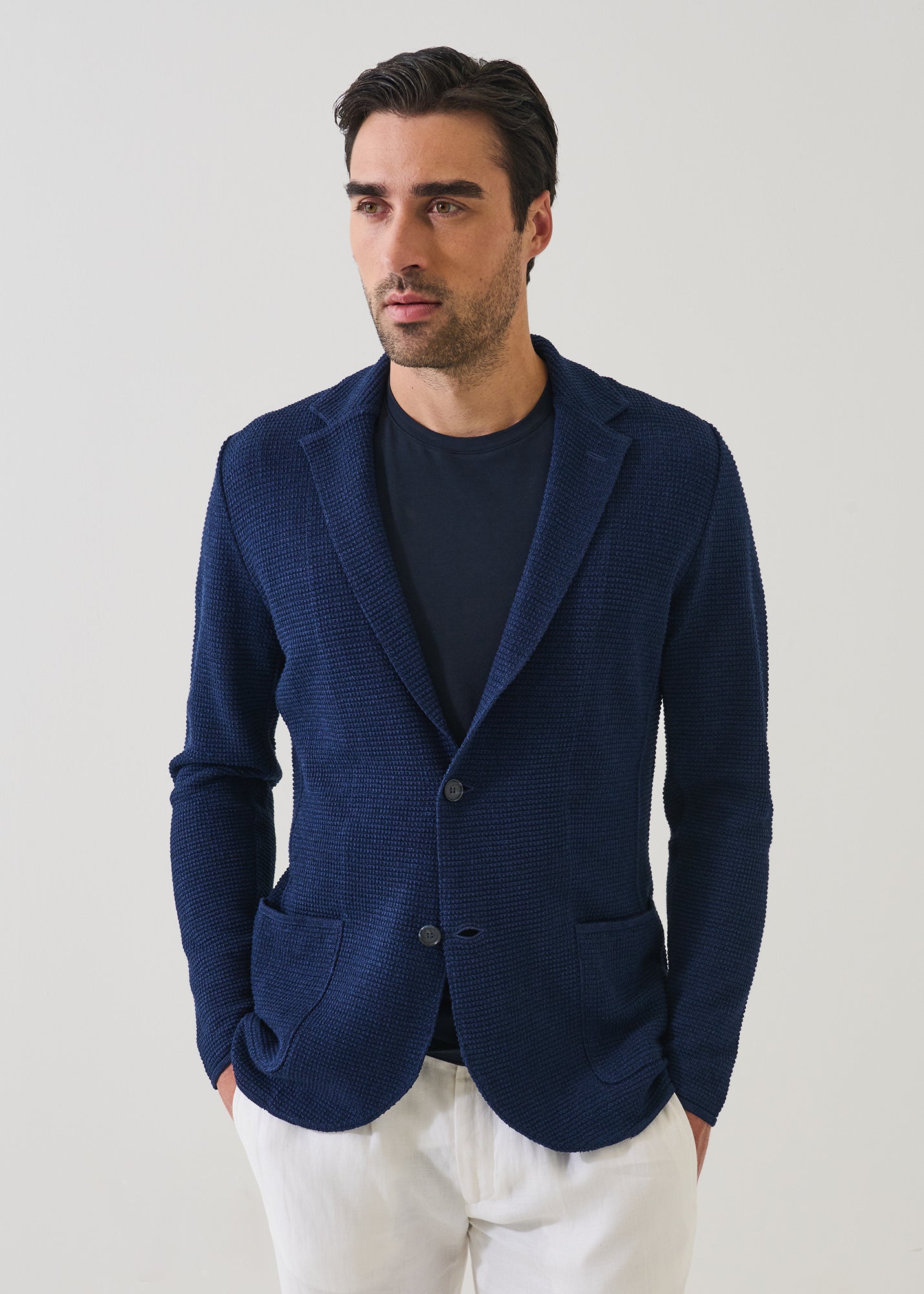 Linen-Cotton Mini-Grid Knit Blazer