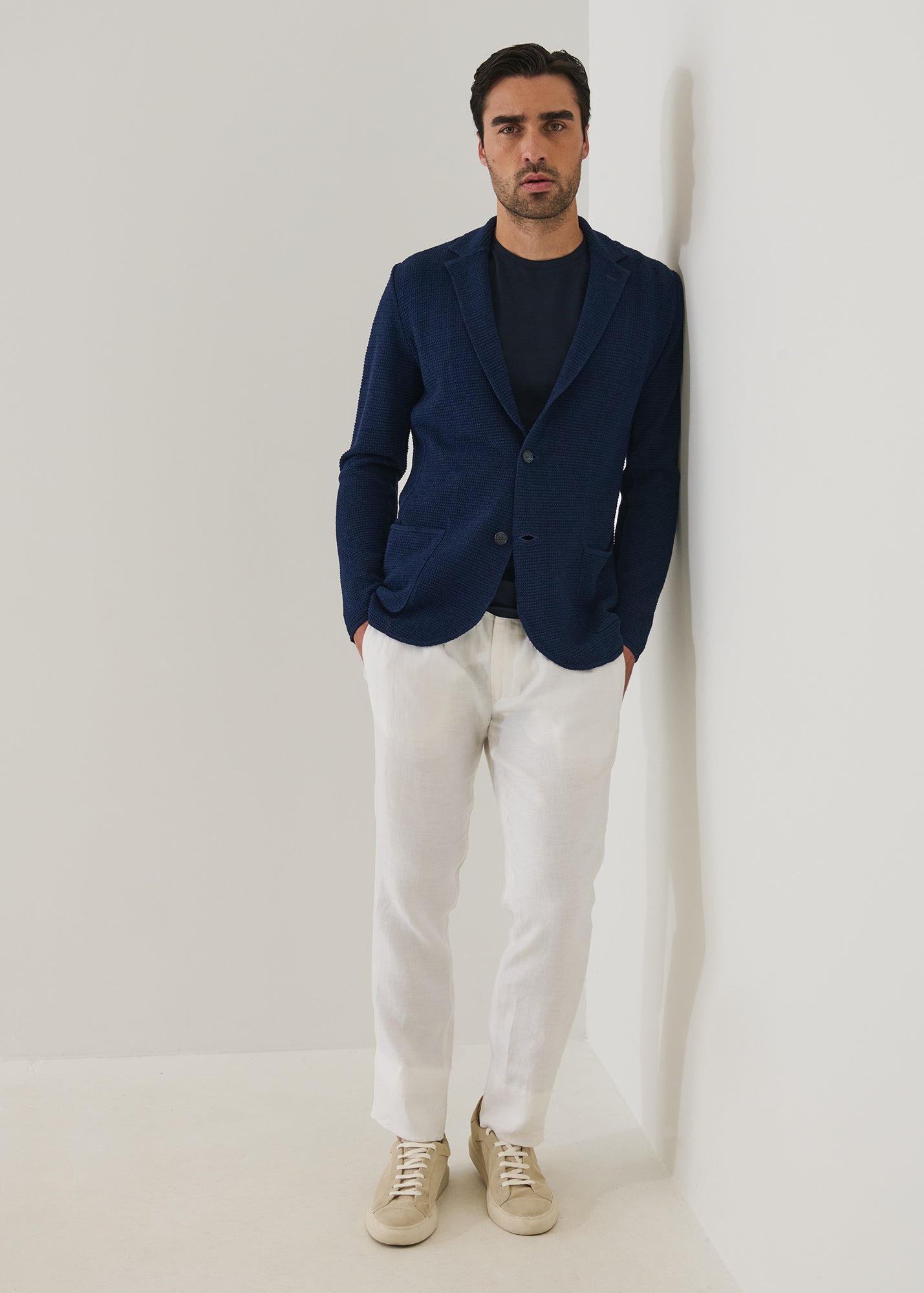 Linen-Cotton Mini-Grid Knit Blazer