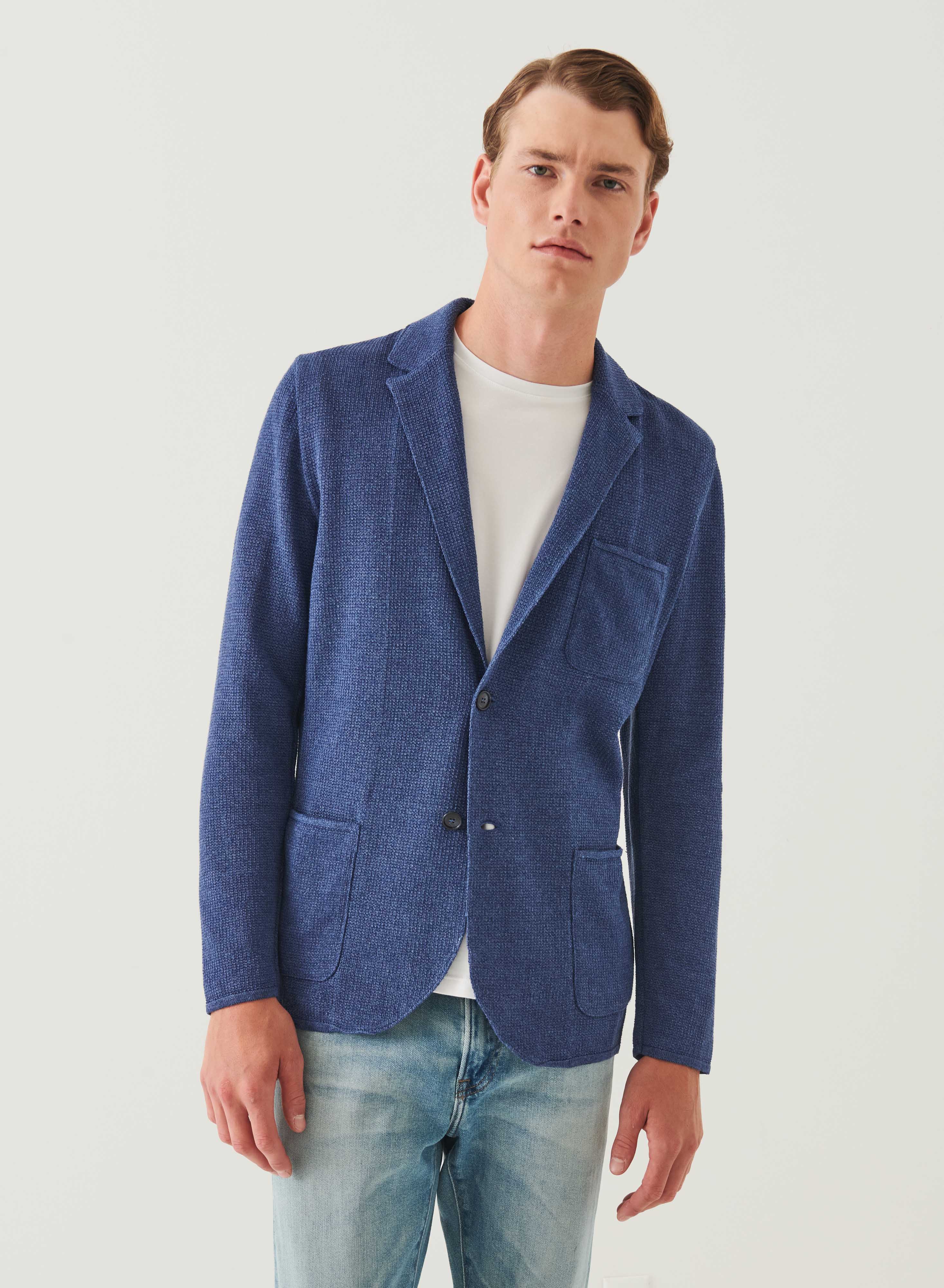 Linen-Cotton Blend Textured Stitch Knit Blazer