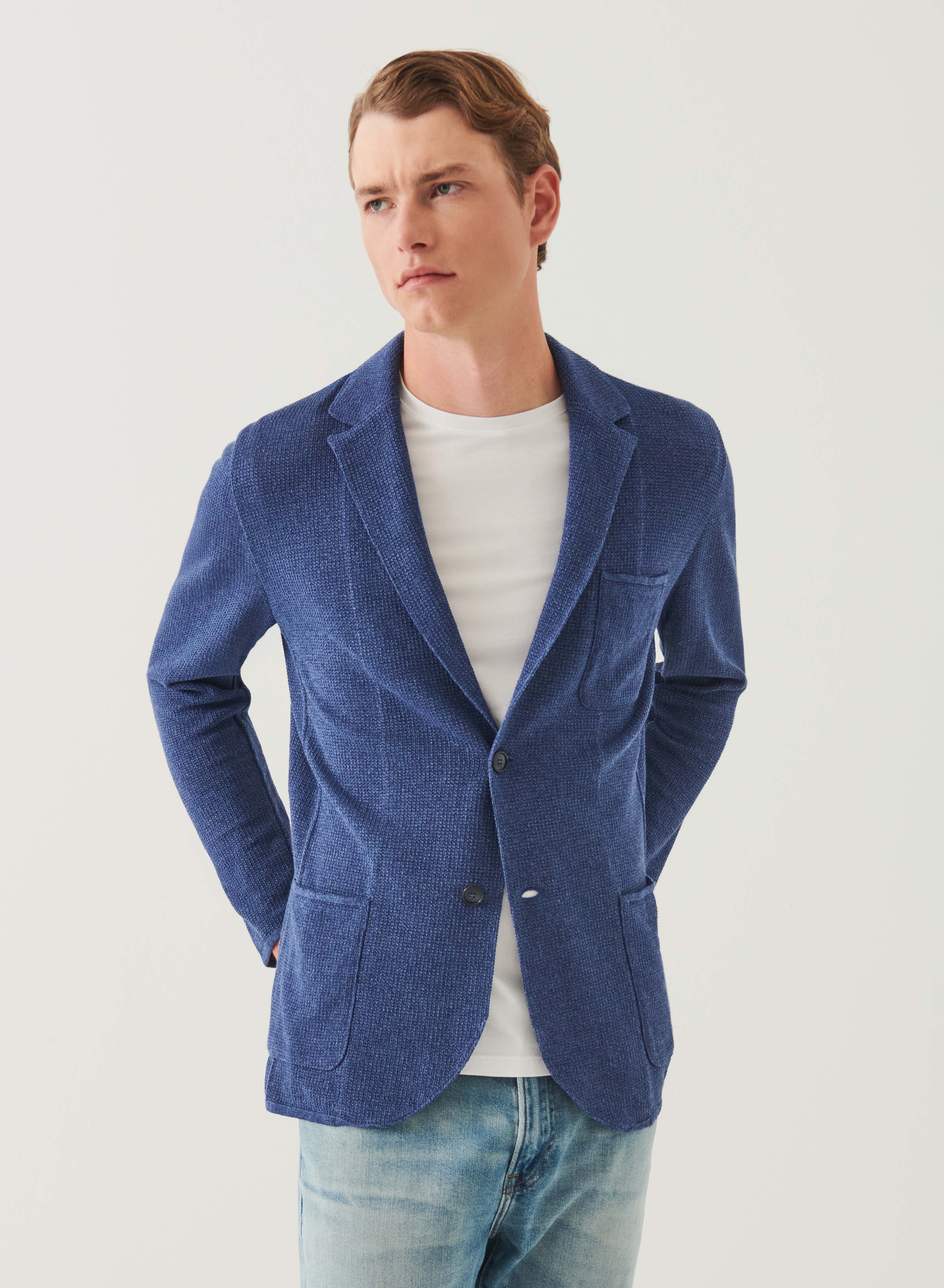 Linen-Cotton Blend Textured Stitch Knit Blazer