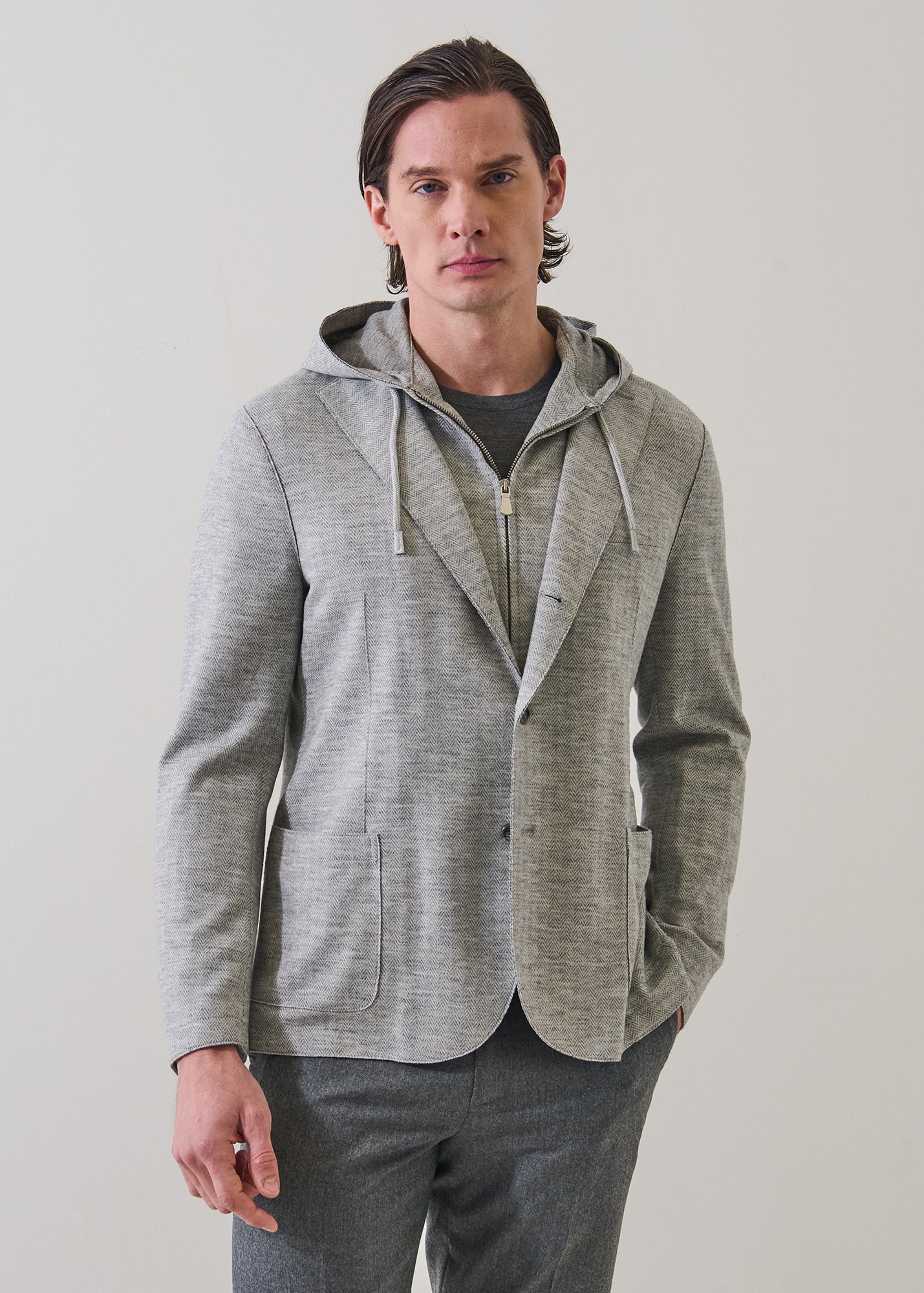 Herringbone Wool Knit Removable Hood Blazer - PATRICK ASSARAF