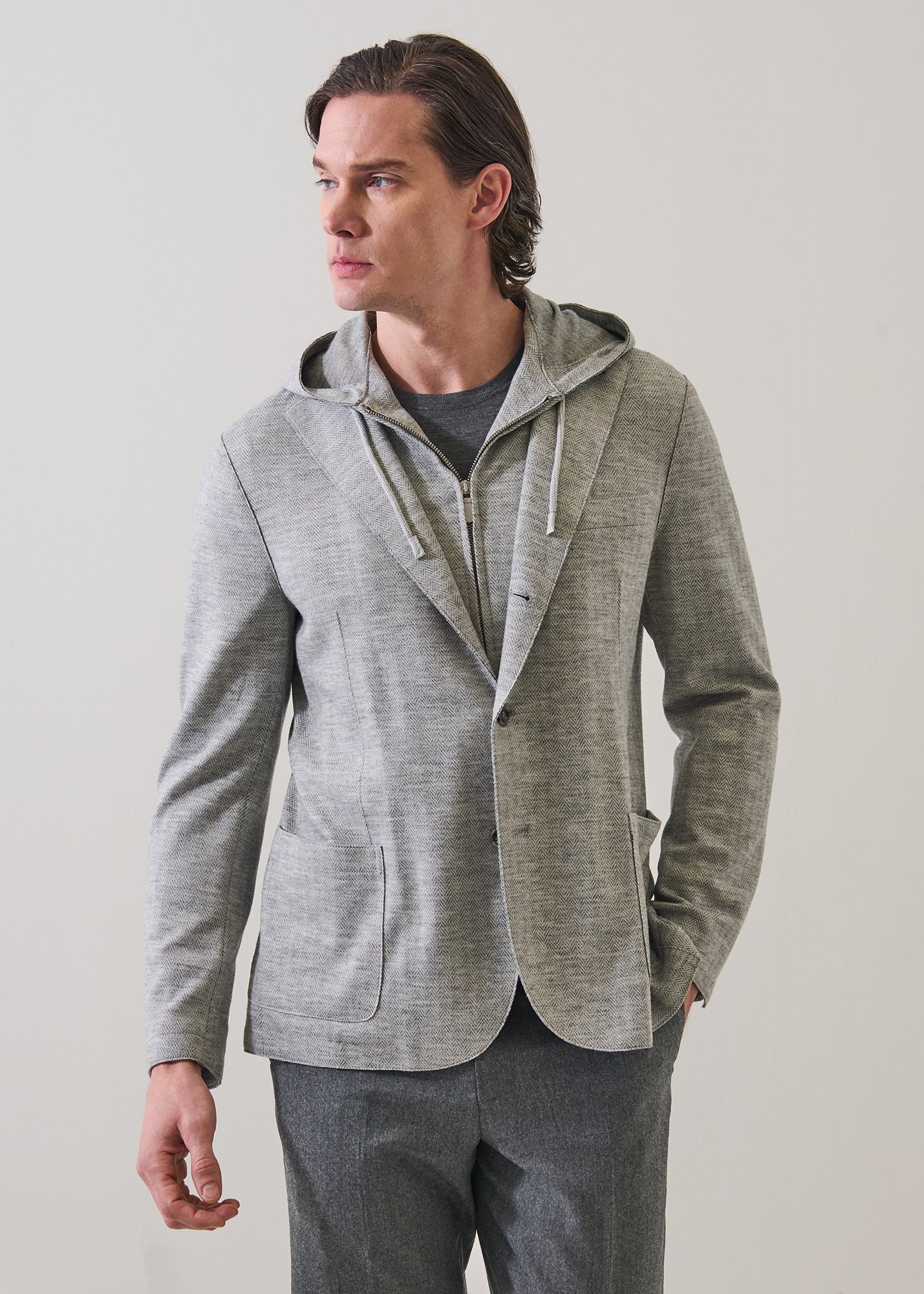 Herringbone Wool Knit Removable Hood Blazer - PATRICK ASSARAF