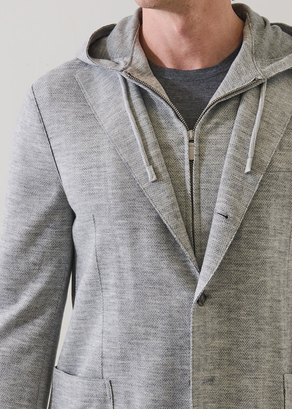 Herringbone Wool Knit Removable Hood Blazer - PATRICK ASSARAF