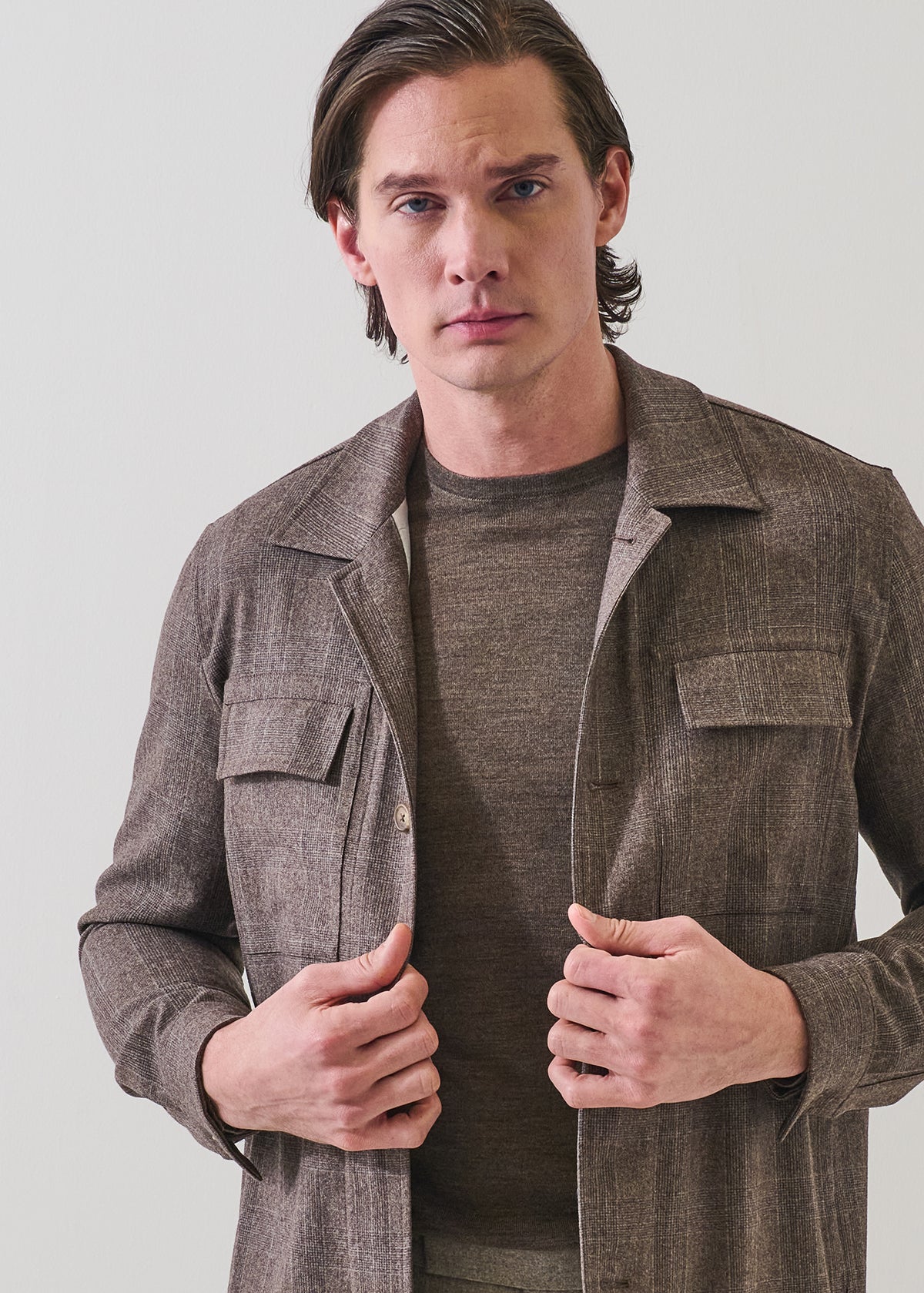 Prince of Wales Check Wool Stretch Utility Overshirt - PATRICK ASSARAF