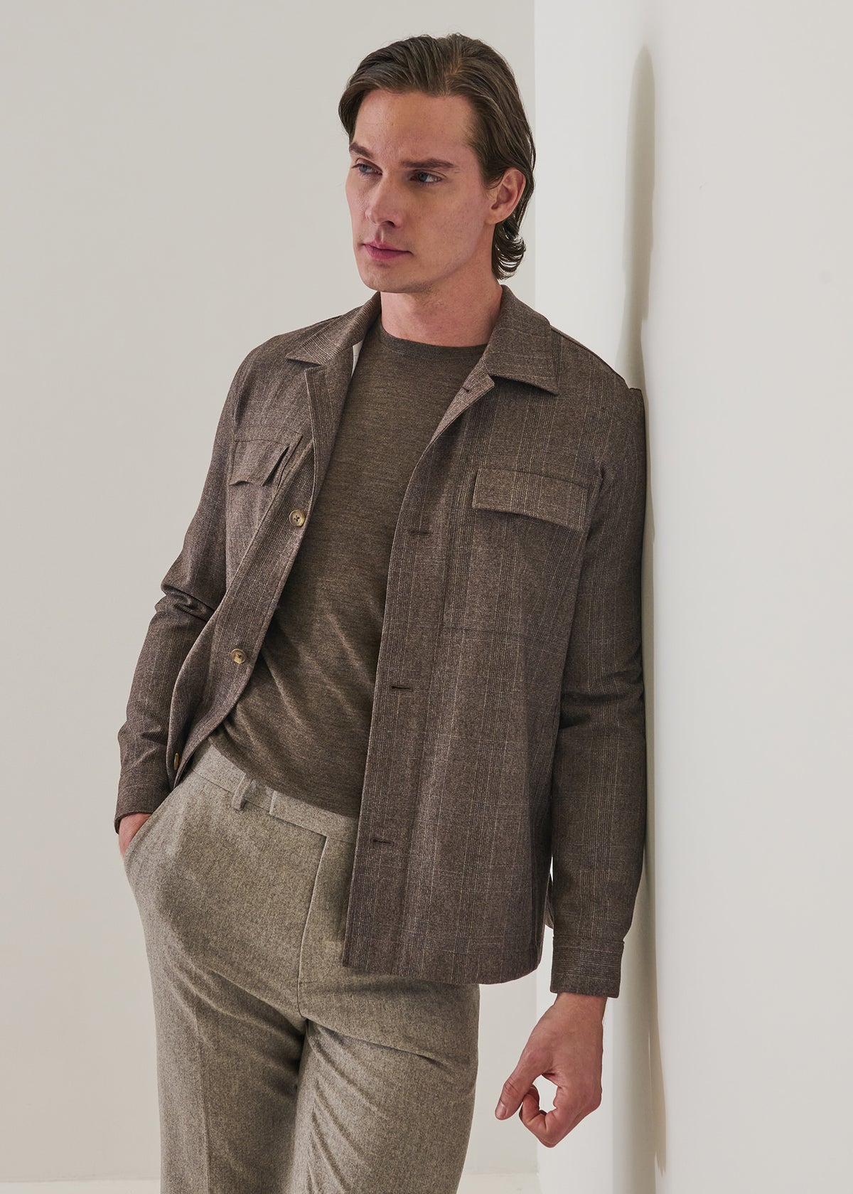 Prince of Wales Check Wool Stretch Utility Overshirt - PATRICK ASSARAF