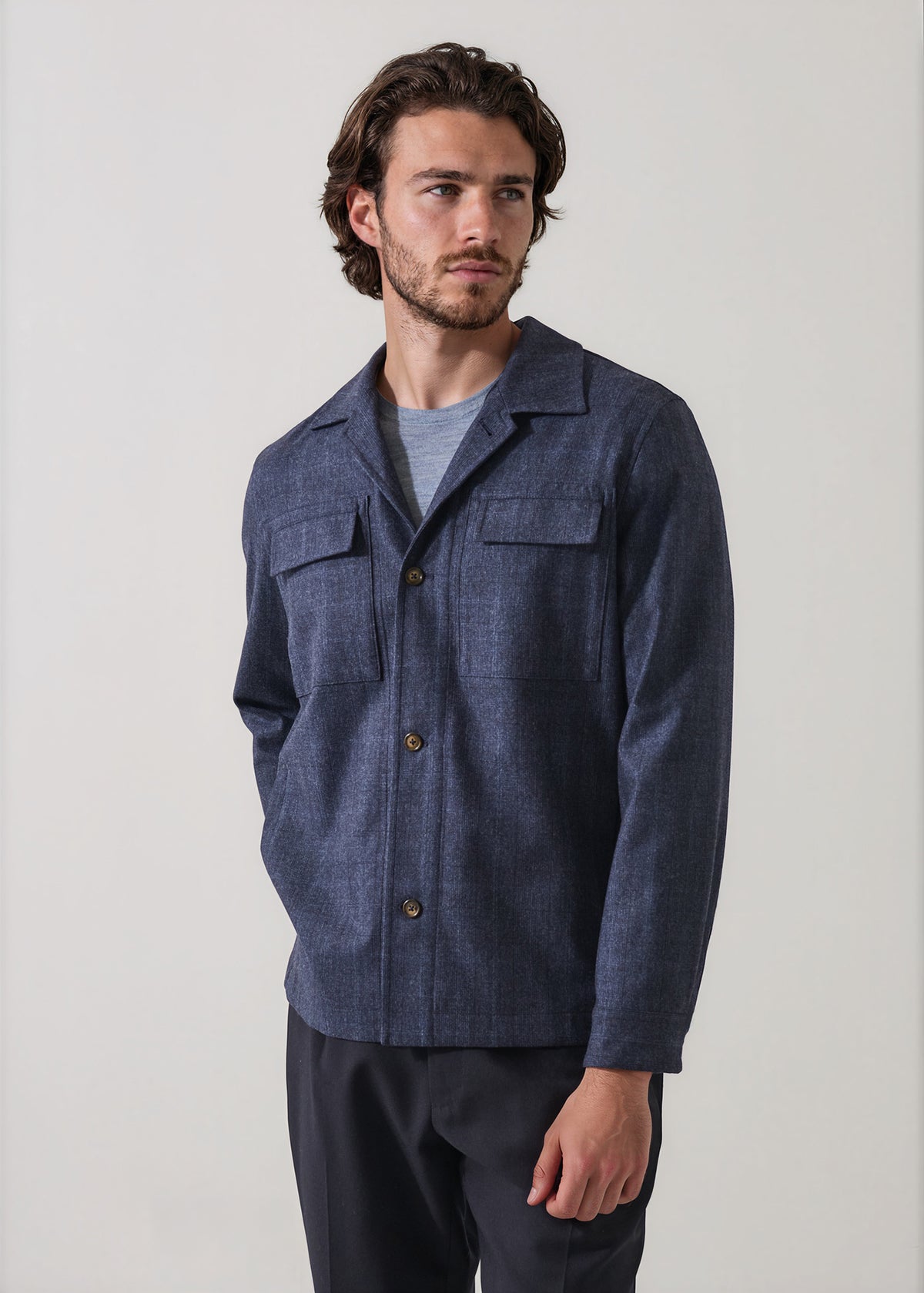 Prince of Wales Check Wool Stretch Utility Overshirt - PATRICK ASSARAF