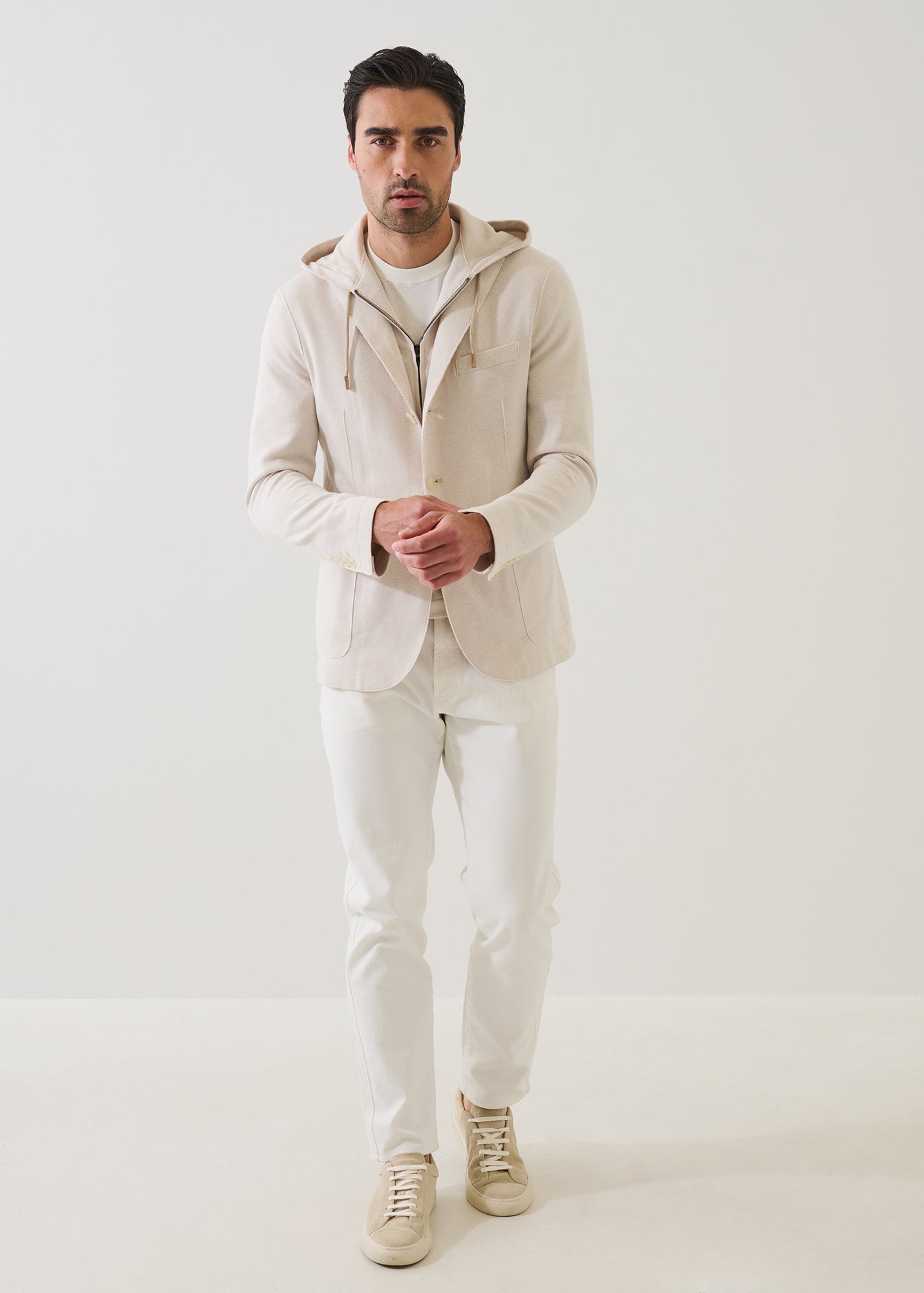 Cotton Blend Textured Knit Hooded Blazer