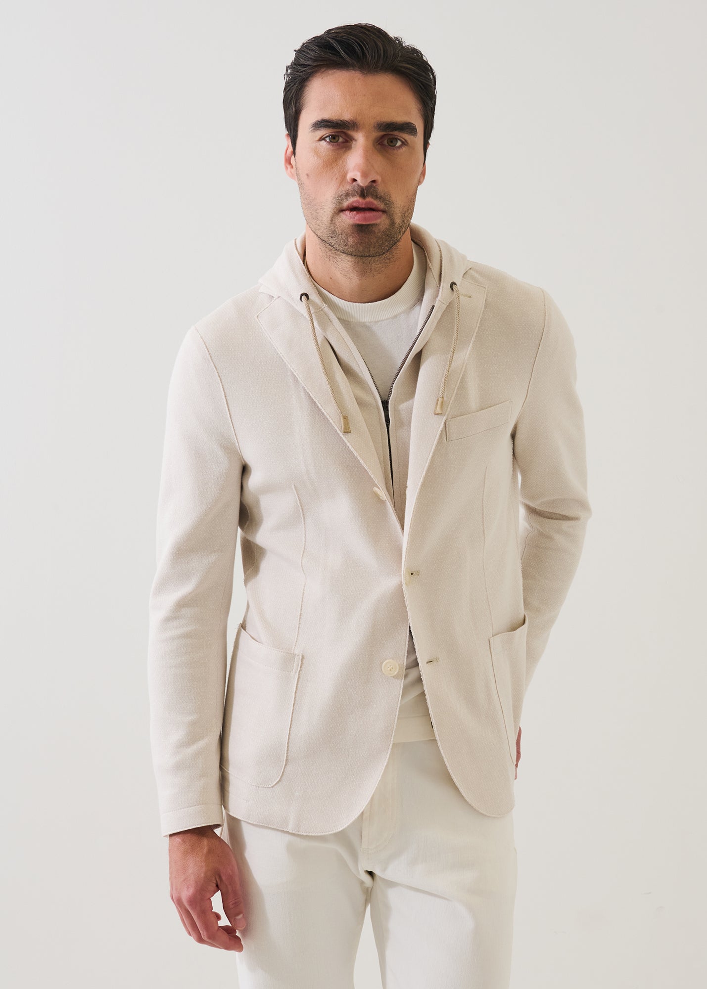 Cotton Blend Textured Knit Hooded Blazer