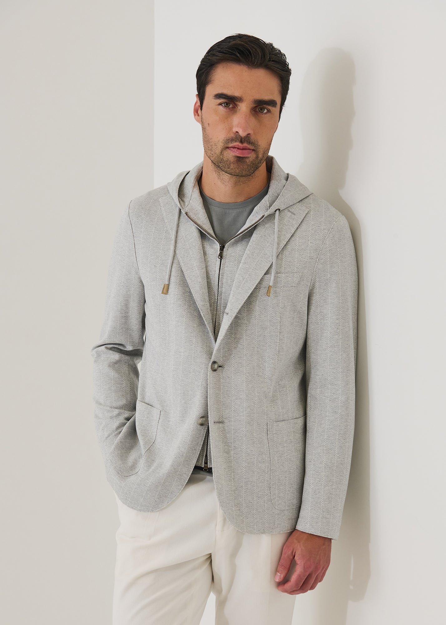 Striped Three-Button Knit Hooded Blazer