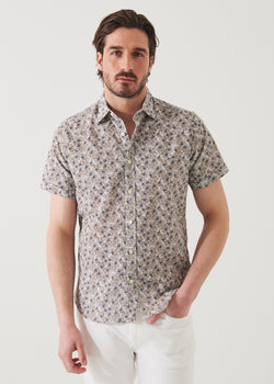 Short Sleeve Leaf Print Cotton Button Up